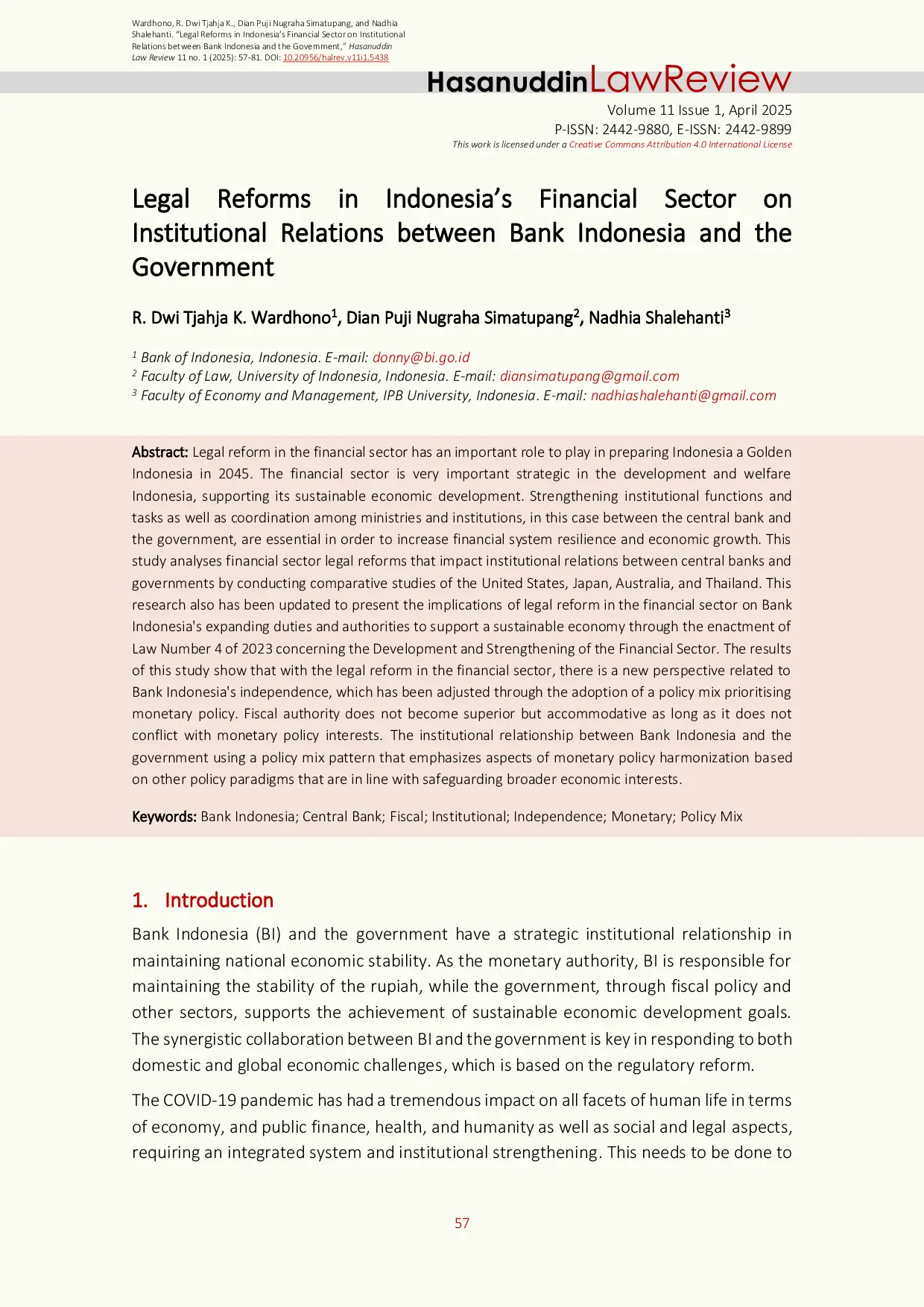 JURIS Legal Reforms in Indonesia s Financial Sector on Institutional Relations between Bank Indonesia and the Government