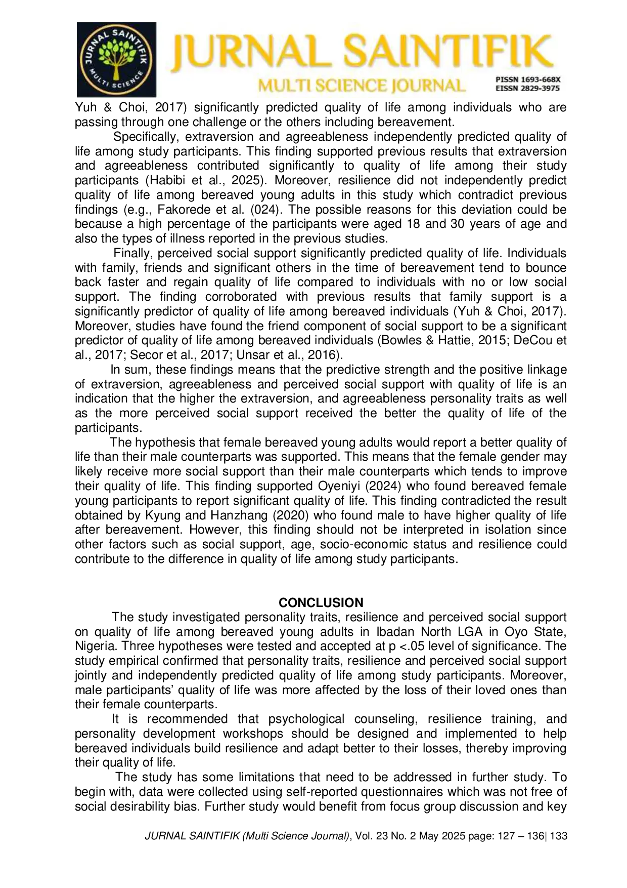 JURIS Personality Traits Resilience And Perceived Social Support Predicting Quality Of Life Among Bereaved Young Adults