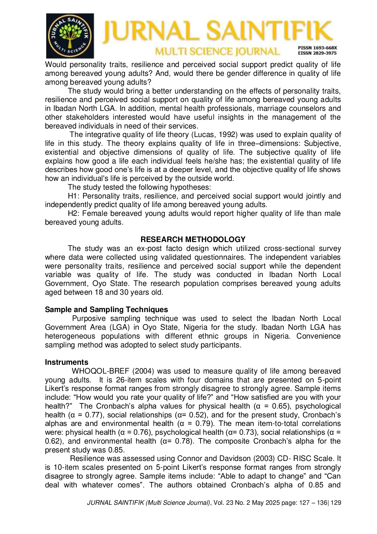 JURIS Personality Traits Resilience And Perceived Social Support Predicting Quality Of Life Among Bereaved Young Adults
