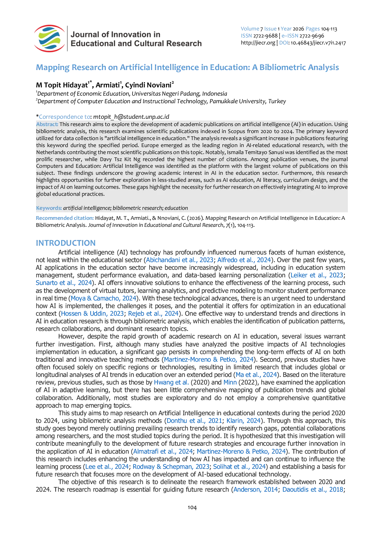JURIS Mapping Research on Artificial Intelligence in Education A Bibliometric Analysis