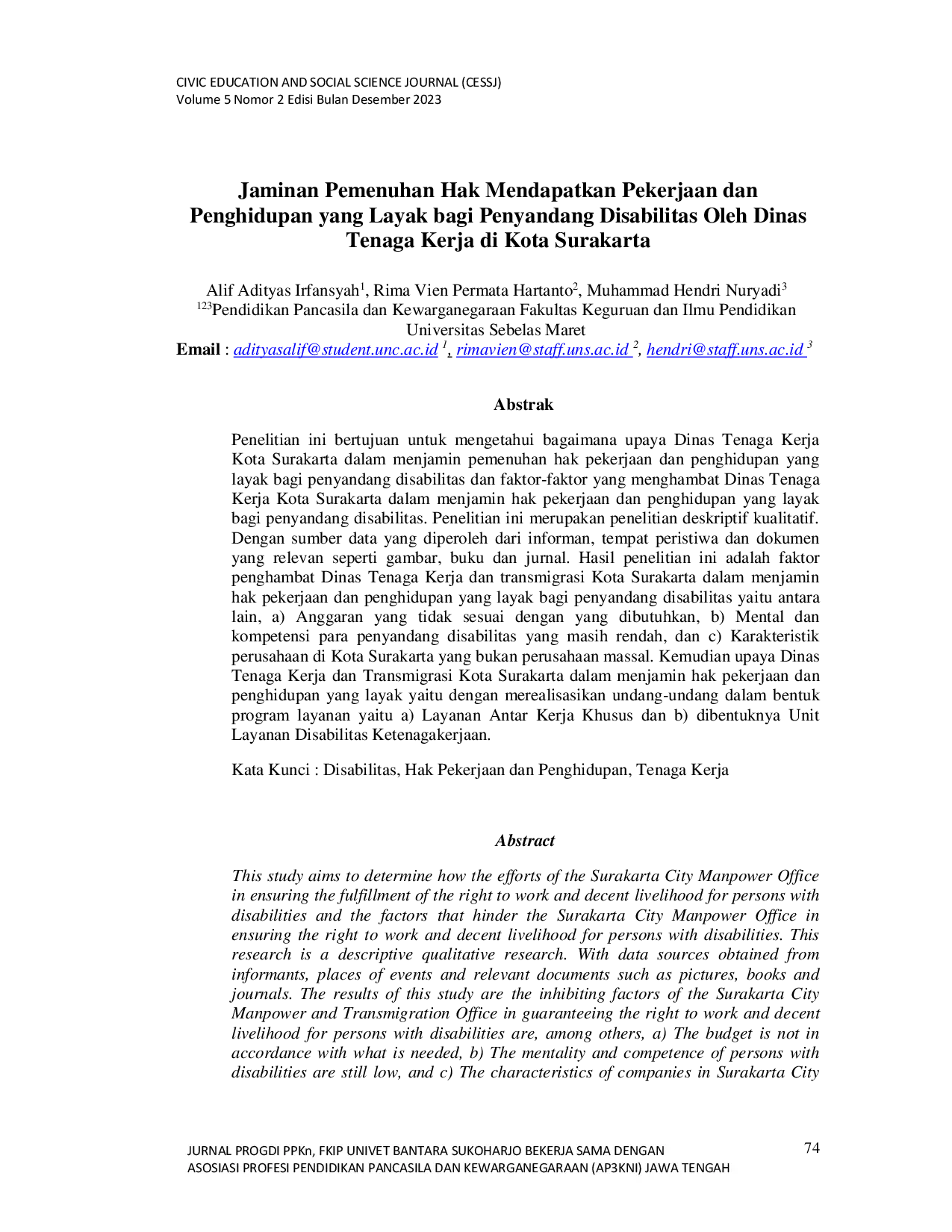 JURIS Jaminan Pemenuhan Hak Mendapatkan Pekerjaan dan Penghidupan yang Layak bagi Penyandang Disabilitas oleh Dinas Tenaga Kerja Di Kota Surakarta