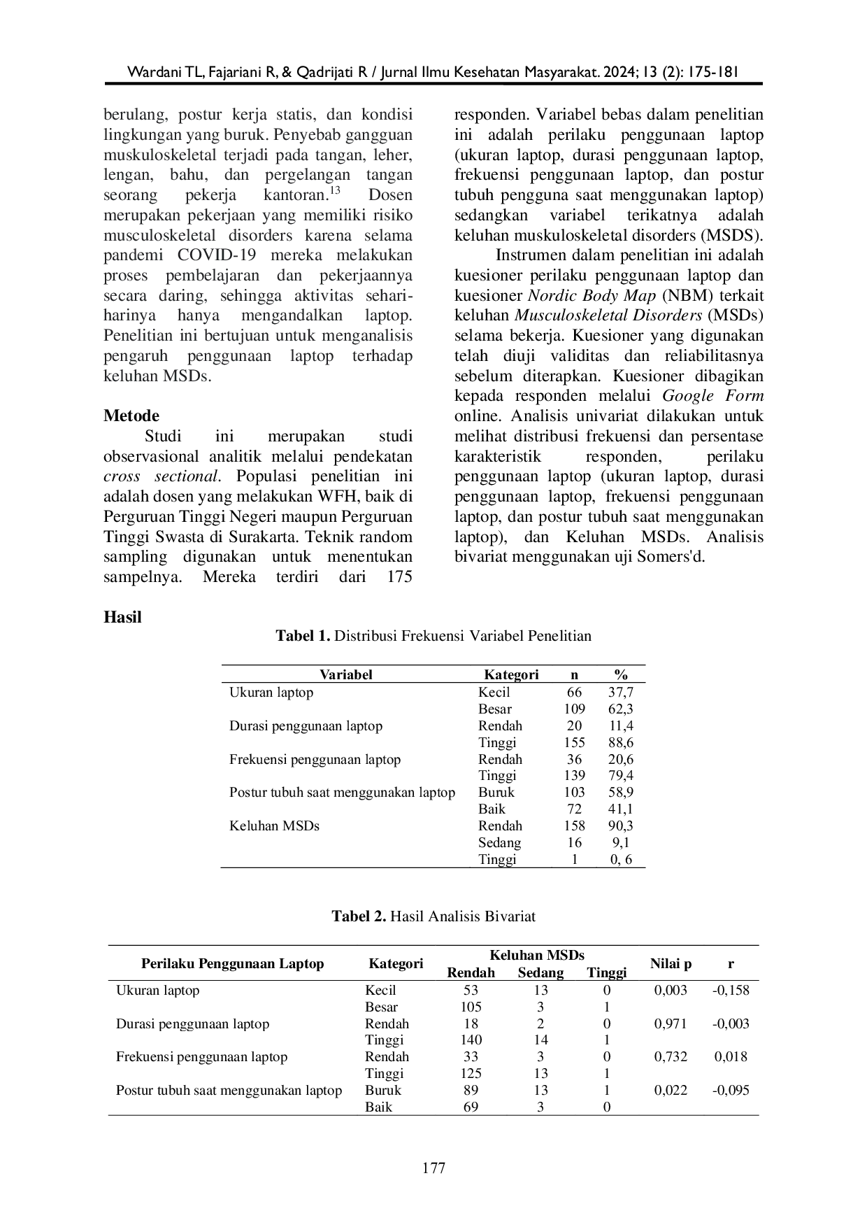 JURIS Hubungan Perilaku Penggunaan Laptop dengan Keluhan Musculoskeletal Disorders MSDs pada Dosen