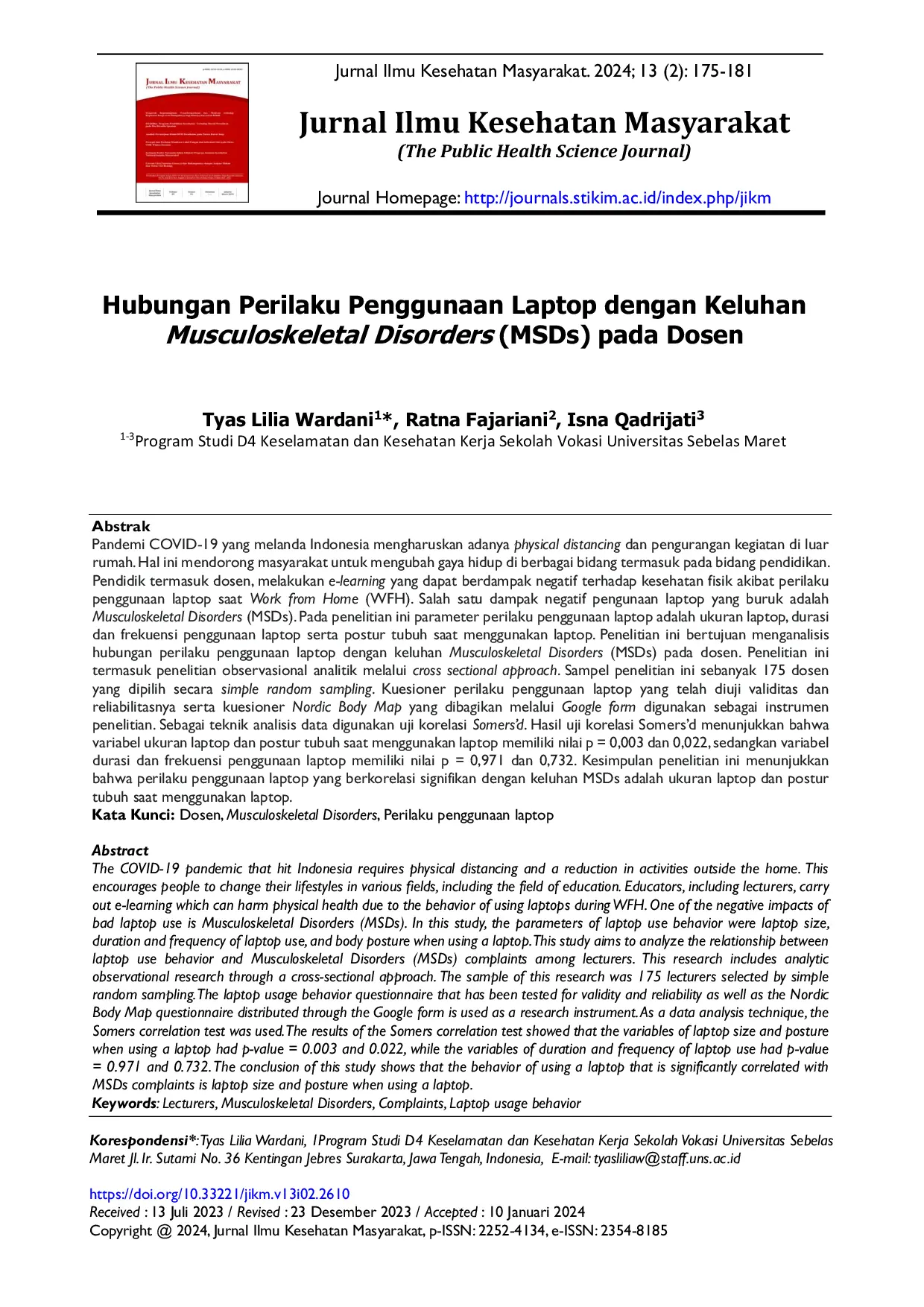 JURIS Hubungan Perilaku Penggunaan Laptop dengan Keluhan Musculoskeletal Disorders MSDs pada Dosen