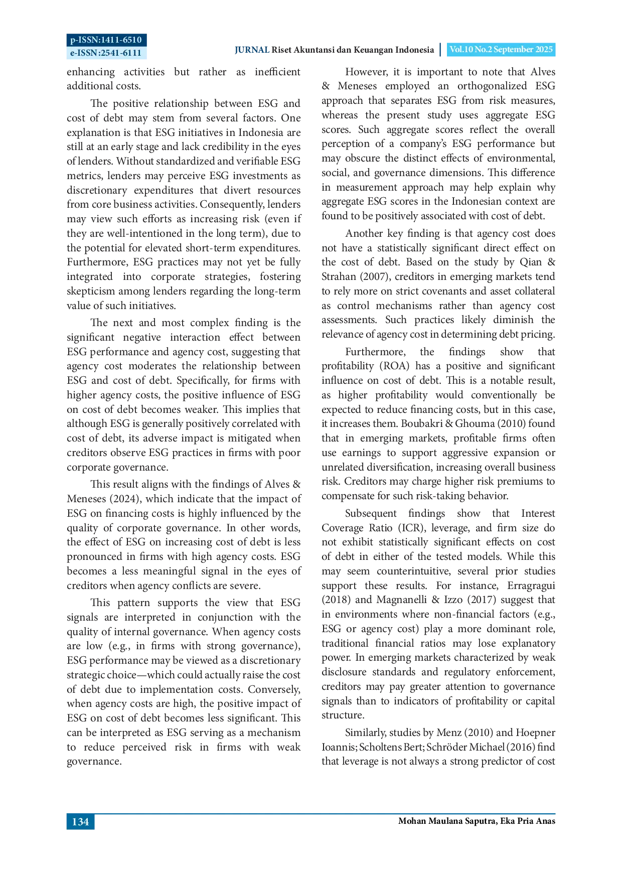 JURIS The Influence of ESG Performance on Cost of Debt The Moderating Role of Agency Cost