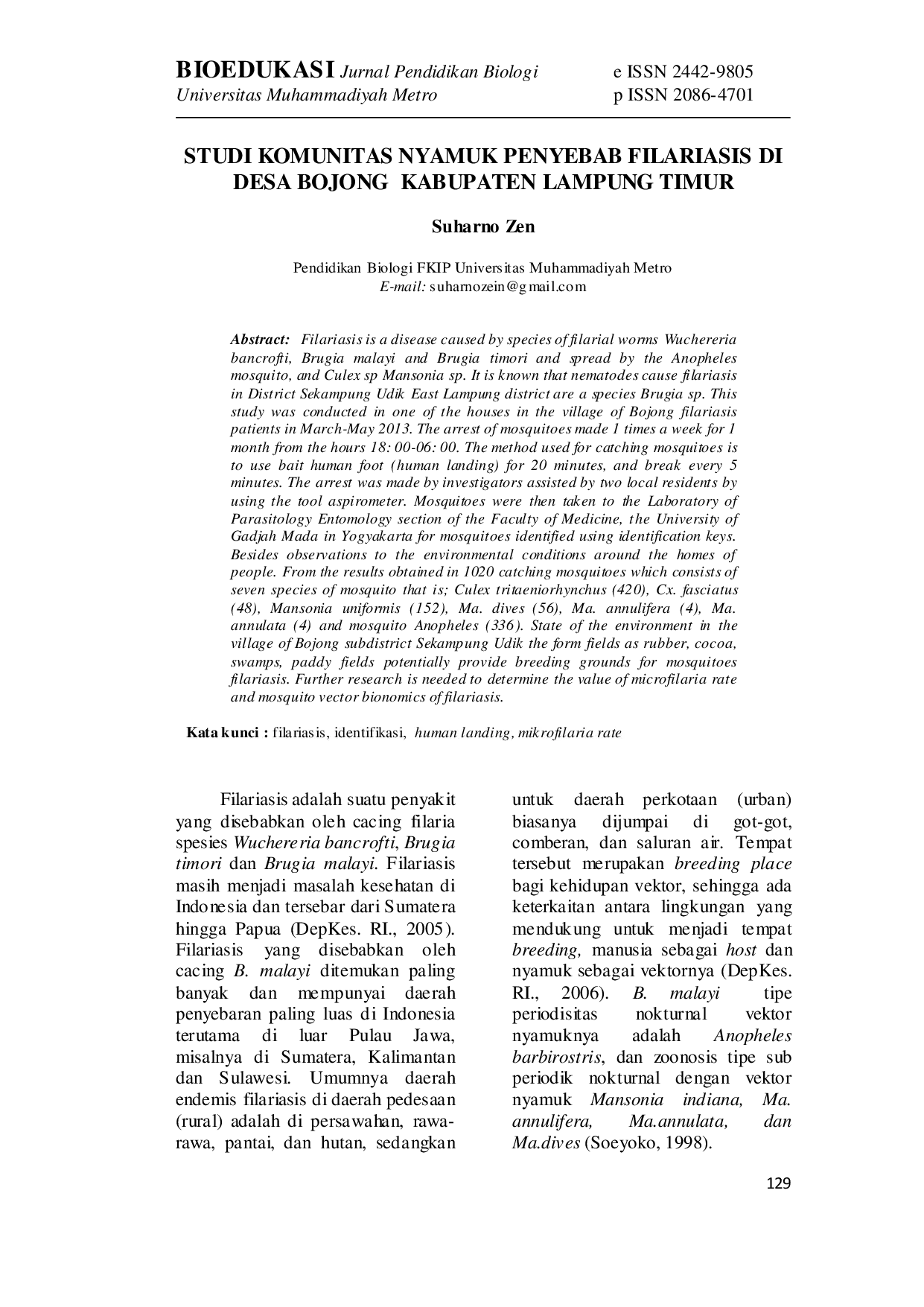 JURIS Studi Komunitas Nyamuk Penyebab Filariasis di Desa Bojong Kabupaten Lampung Timur