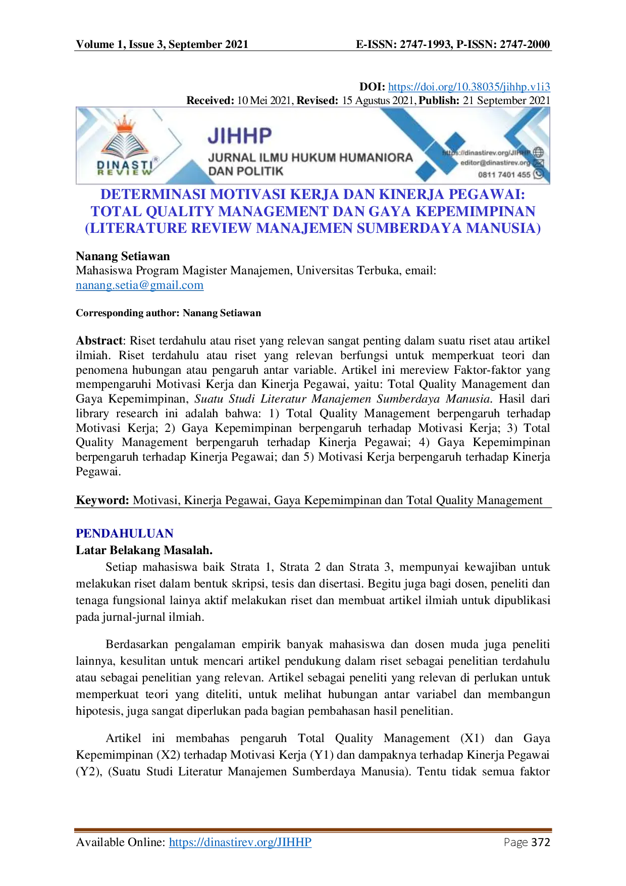 juris Determinasi Motivasi Kerja Dan Kinerja Pegawai Total Quality Management Dan Gaya Kepemimpinan Literature Review Manajemen Sumberdaya Manusia