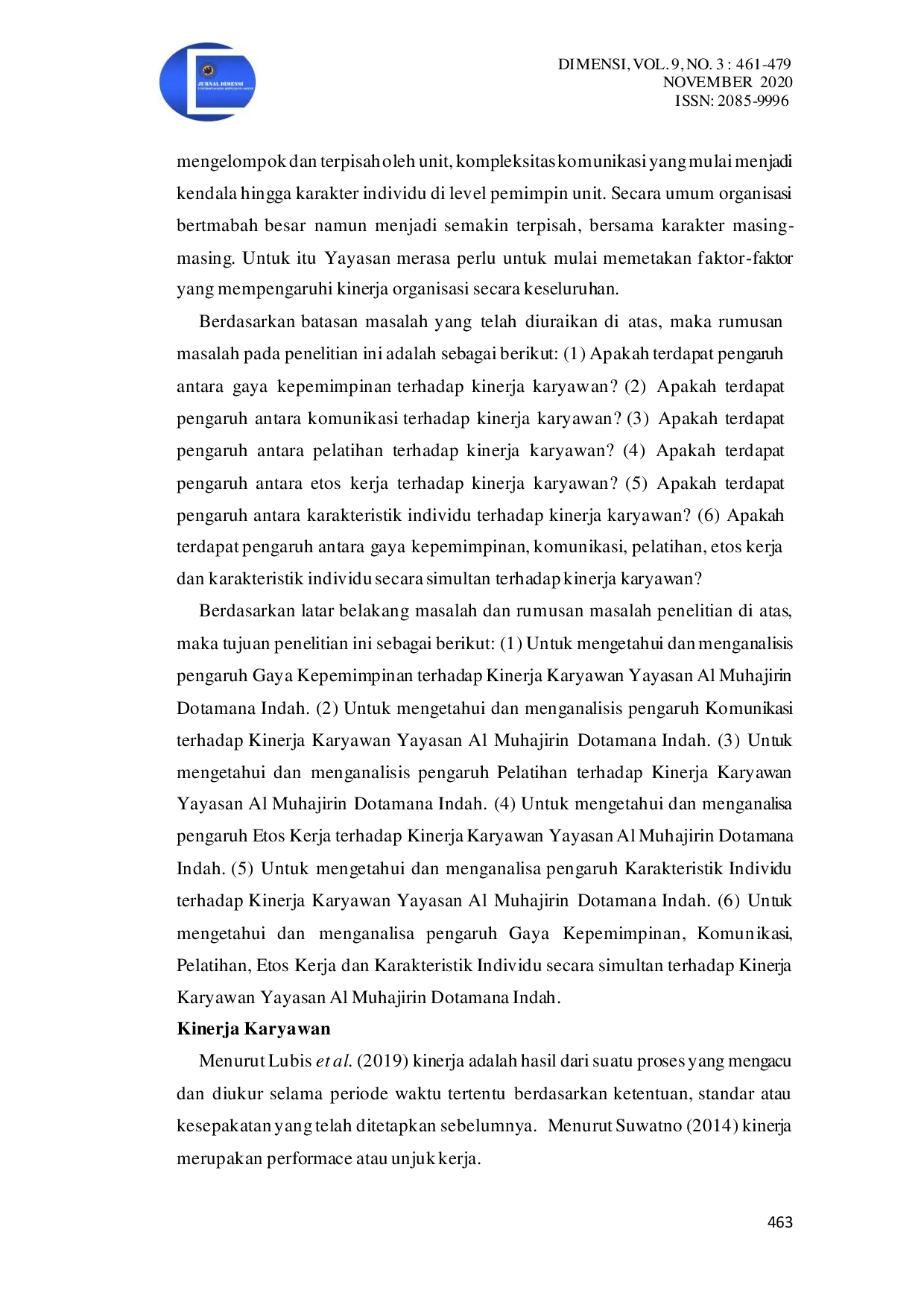 JURIS Pengaruh Gaya Kepemimpinan Komunikasi Pelatihan Etos Kerja Dan Karakteristik Individu Terhadap Kinerja Karyawan