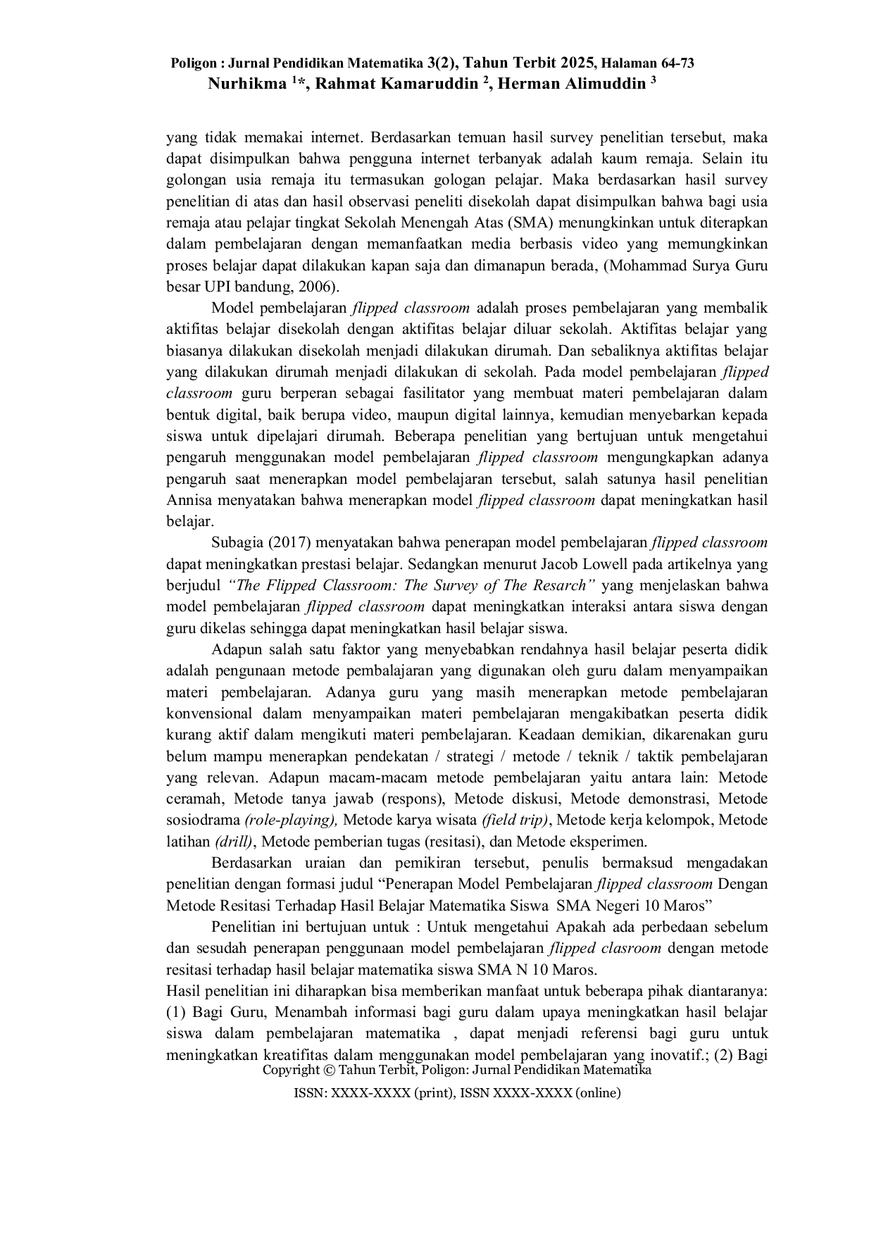 JURIS Penerapan Model Pembelajaran Flipped Classroom dengan Metode Resitasi terhadap Hasil Belajar Matematika Siswa SMA Negeri 10 Maros