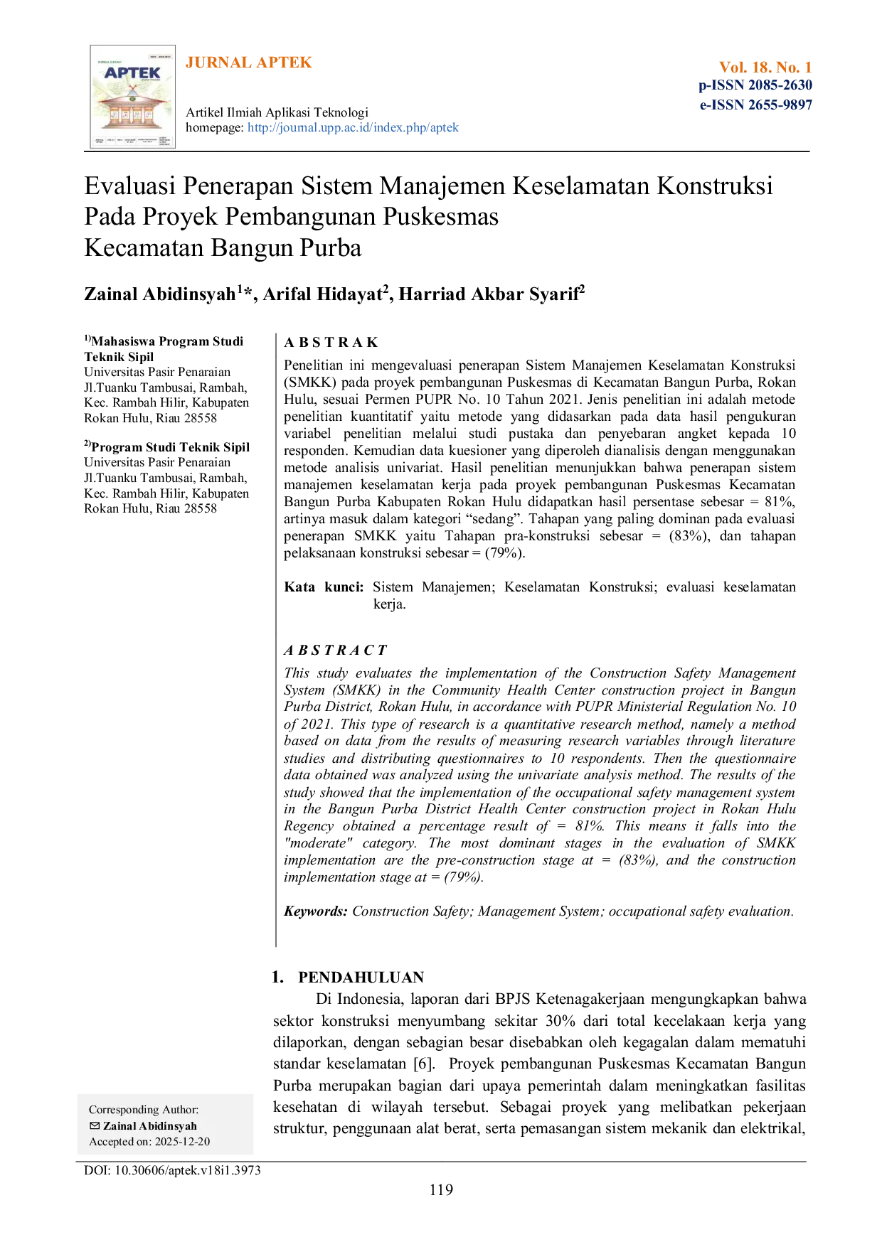 JURIS Evaluasi Penerapan Sistem Manajemen Keselamatan Konstruksi Pada Proyek Pembangunan Puskesmas Kecamatan Bangun Purba