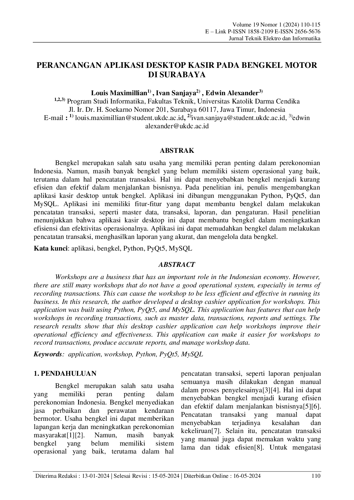 JURIS Perancangan Aplikasi Desktop Kasir Pada Bengkel Motor Di Surabaya