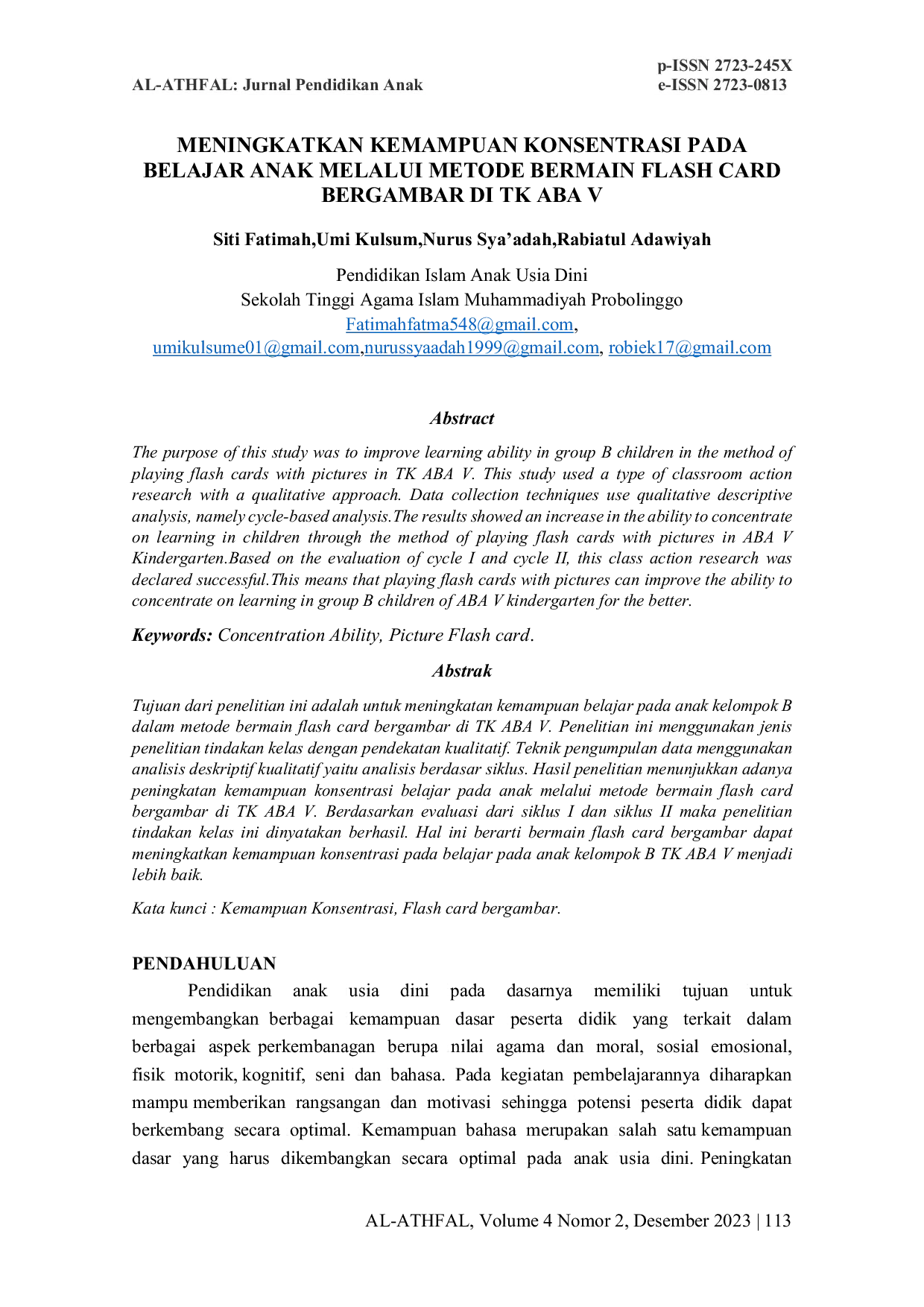 JURIS Meningkatkan Kemampuan Konsentrasi Pada Belajar Anak Melalui Metode Bermain Flash Card Bergambar Di TK ABA V