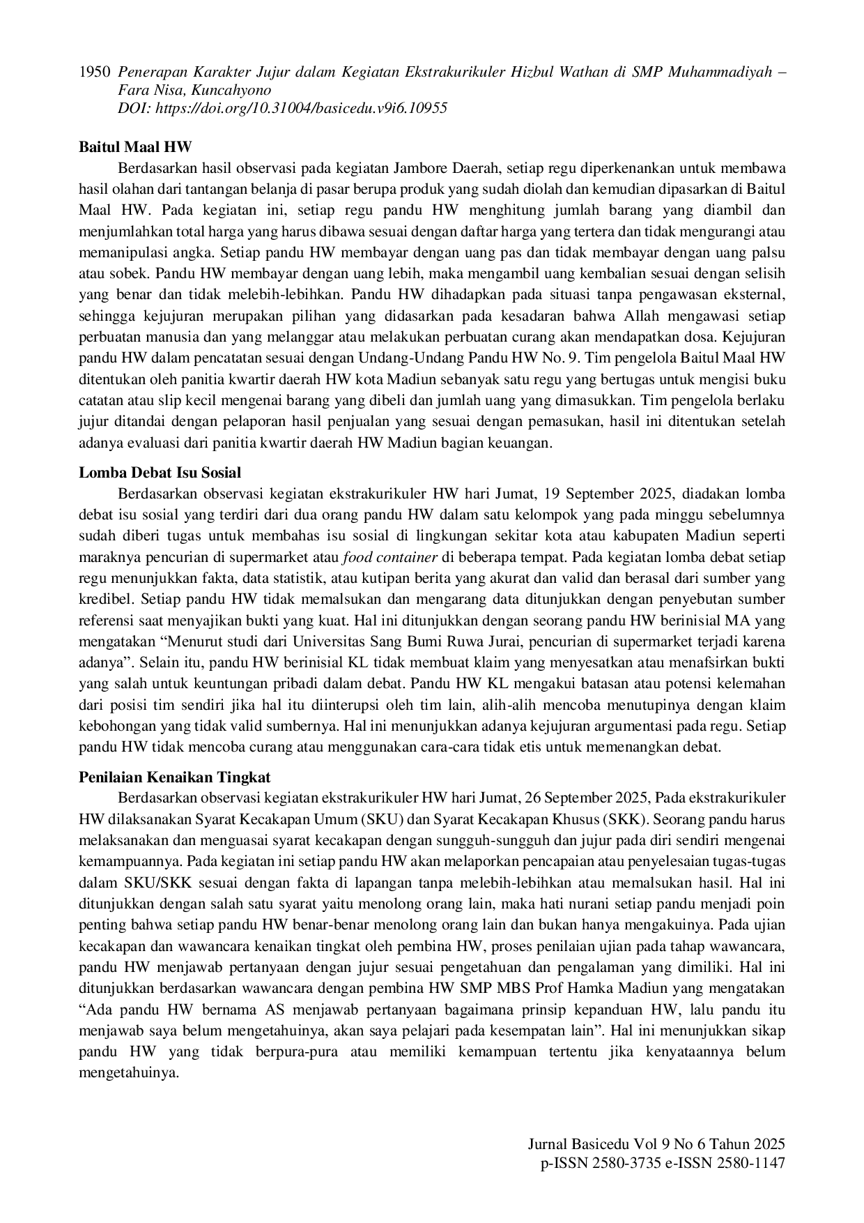 JURIS Penerapan Karakter Jujur dalam Kegiatan Ekstrakurikuler Hizbul Wathan di SMP Muhammadiyah