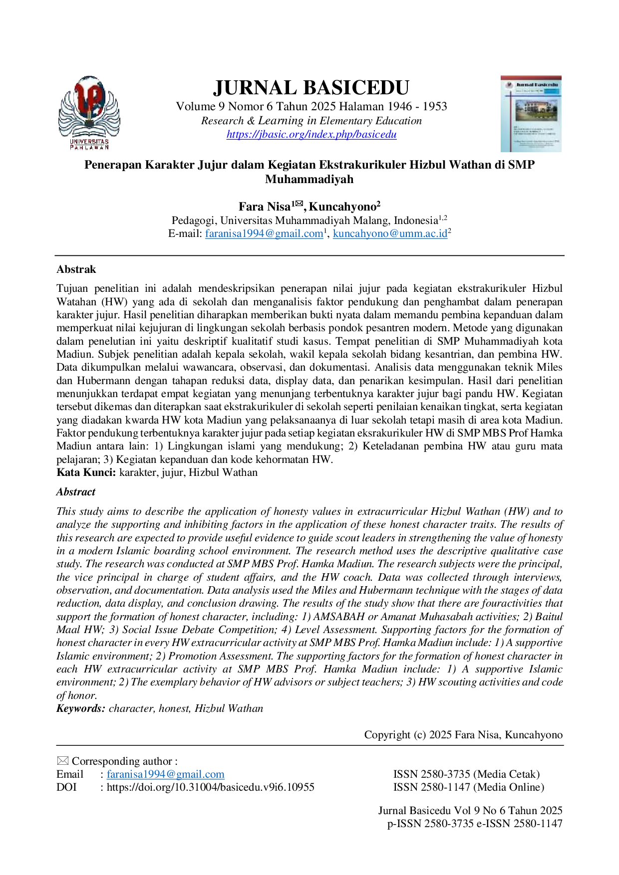 JURIS Penerapan Karakter Jujur dalam Kegiatan Ekstrakurikuler Hizbul Wathan di SMP Muhammadiyah