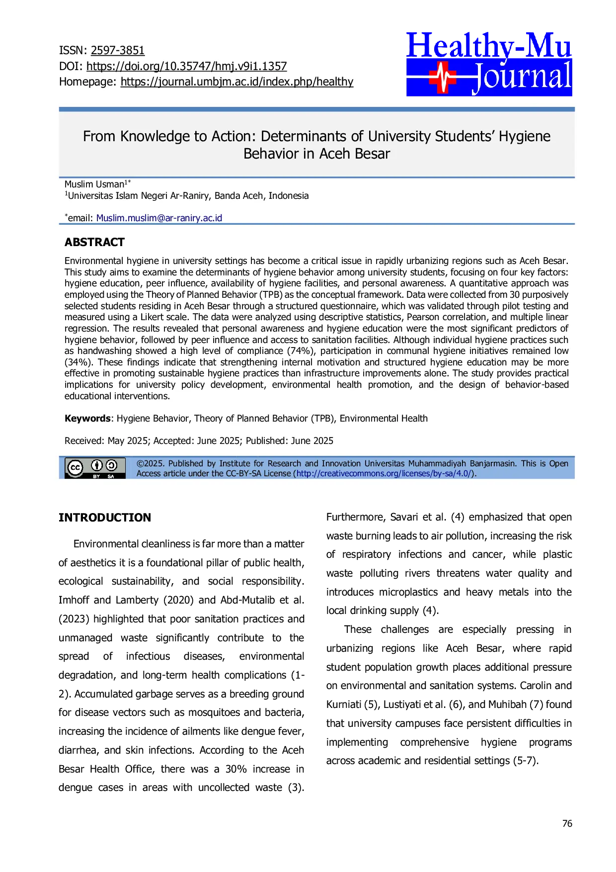 JURIS From Knowledge to Action Determinants of University Students Hygiene Behavior in Aceh Besar