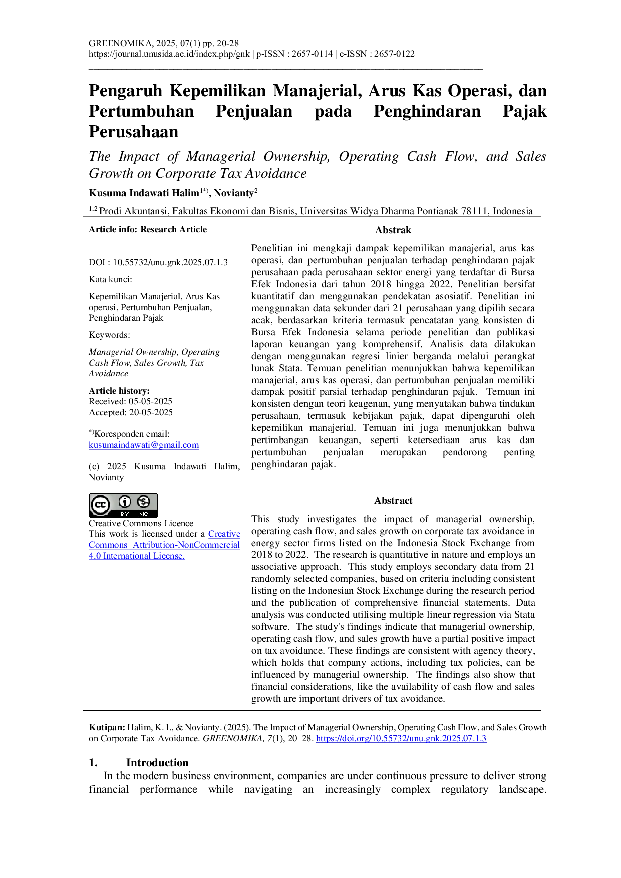 JURIS The Impact of Managerial Ownership Operating Cash Flow and Sales Growth on Corporate Tax Avoidance