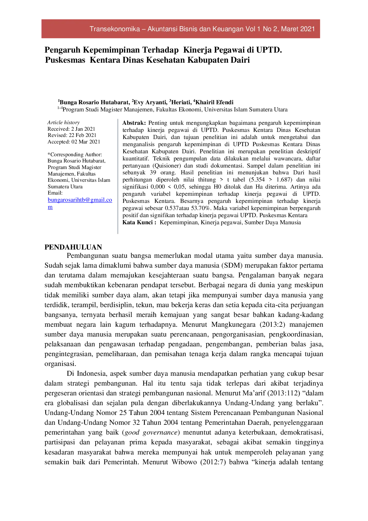 JURIS Pengaruh Kepemimpinan Terhadap Kinerja Pegawai di UPTD Puskesmas Kentara Dinas Kesehatan Kabupaten Dairi