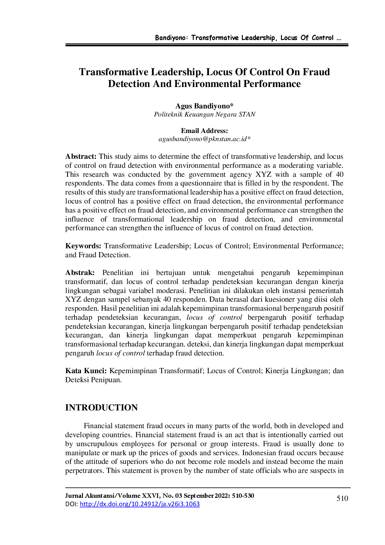juris Transformative Leadership Locus Of Control On Fraud Detection And Environmental Performance