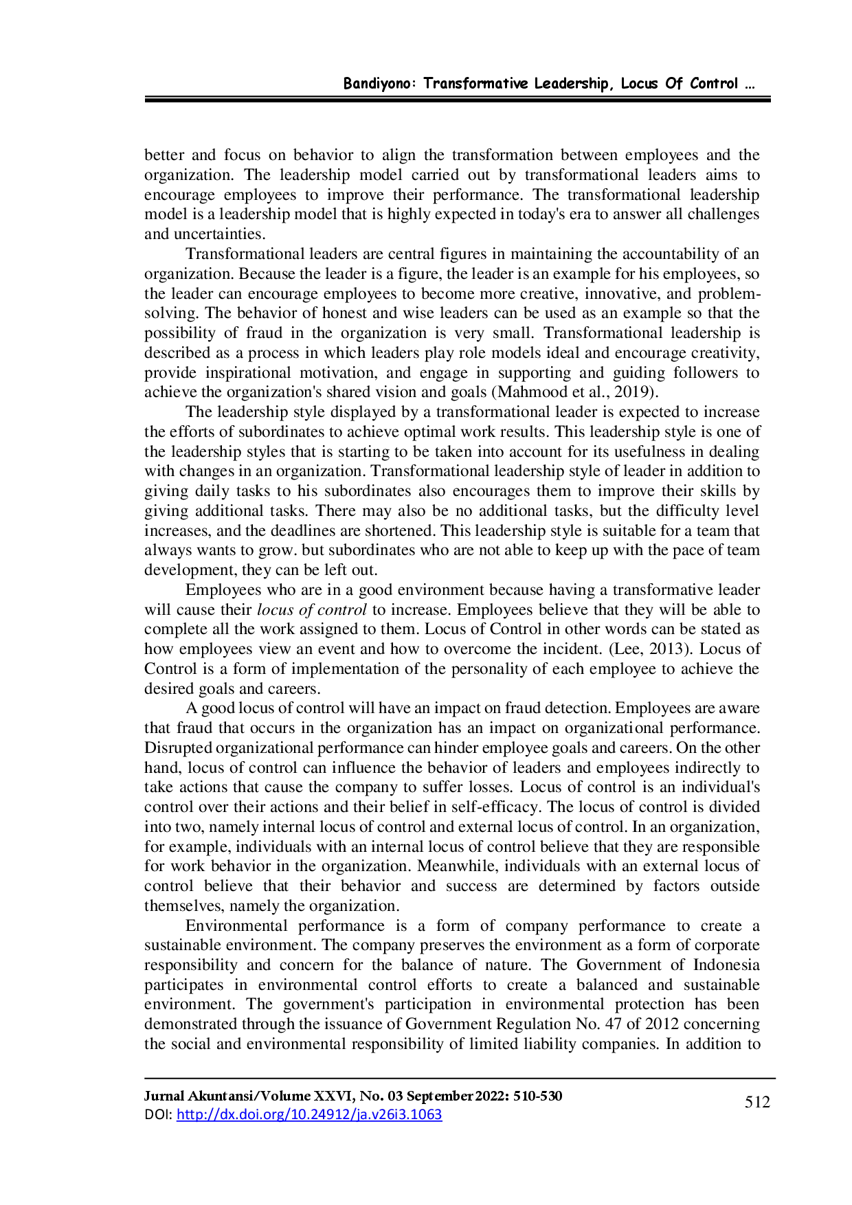 juris Transformative Leadership Locus Of Control On Fraud Detection And Environmental Performance