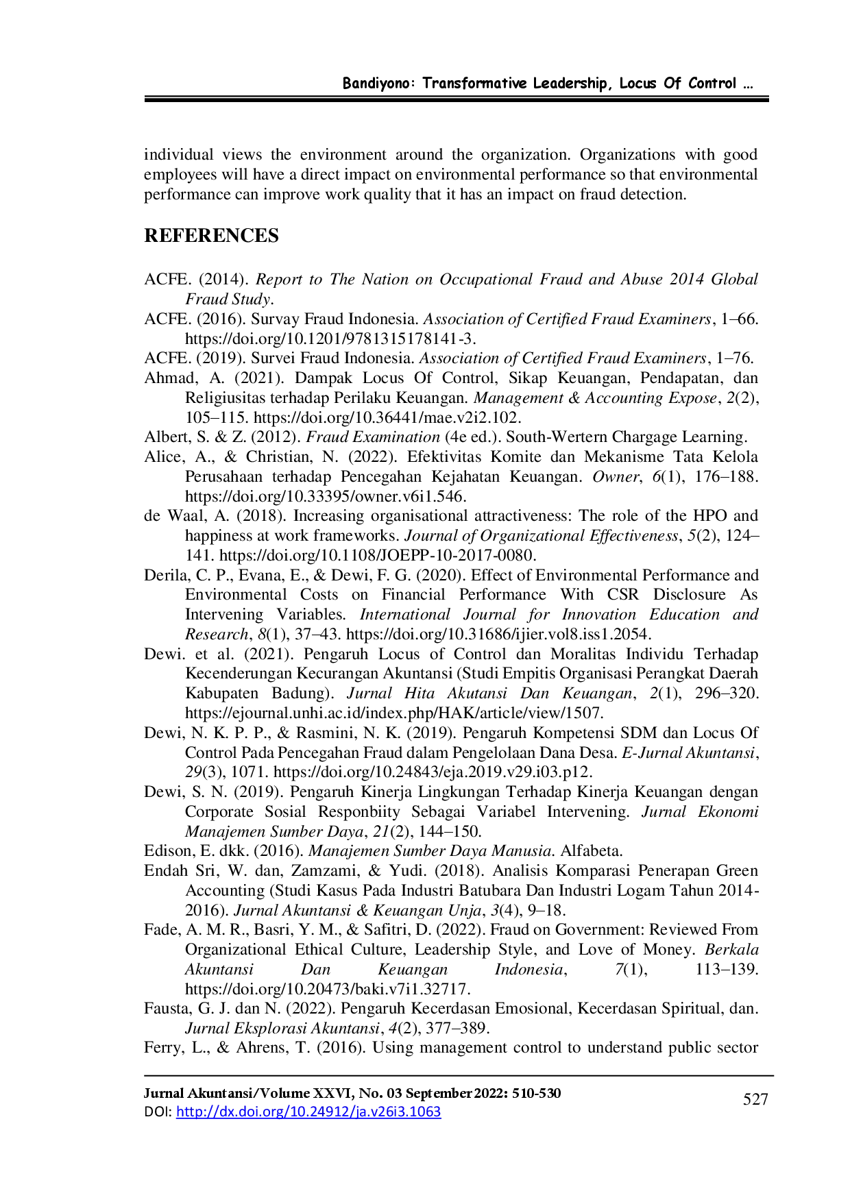juris Transformative Leadership Locus Of Control On Fraud Detection And Environmental Performance