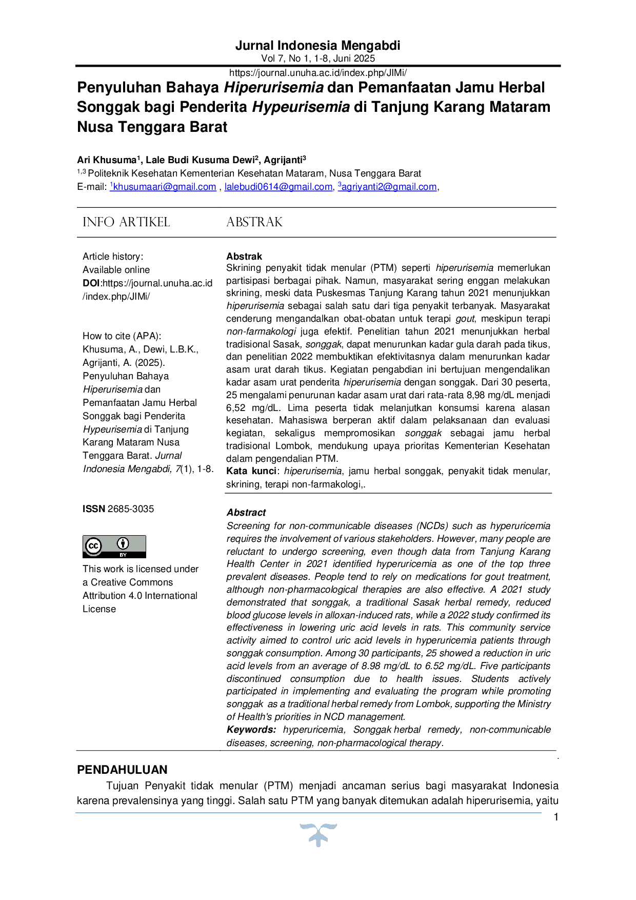 JURIS Penyuluhan Bahaya Hiperurisemia dan Pemanfaatan Jamu Herbal Songgak bagi Penderita Hypeurisemia di Tanjung Karang Mataram Nusa Tenggara Barat
