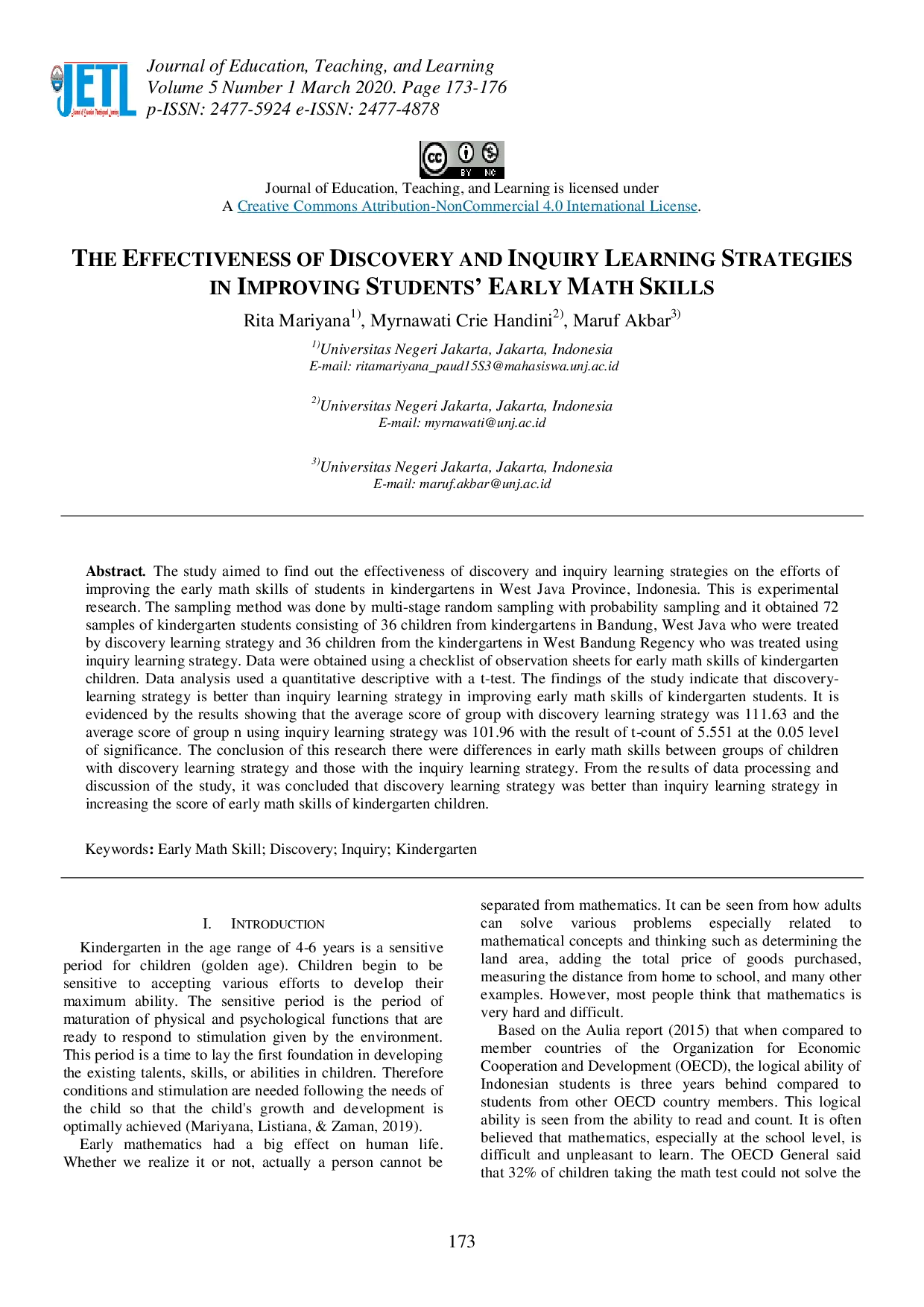 juris The Effectiveness of Discovery and Inquiry Learning Strategies in Improving Students Early Math Skills