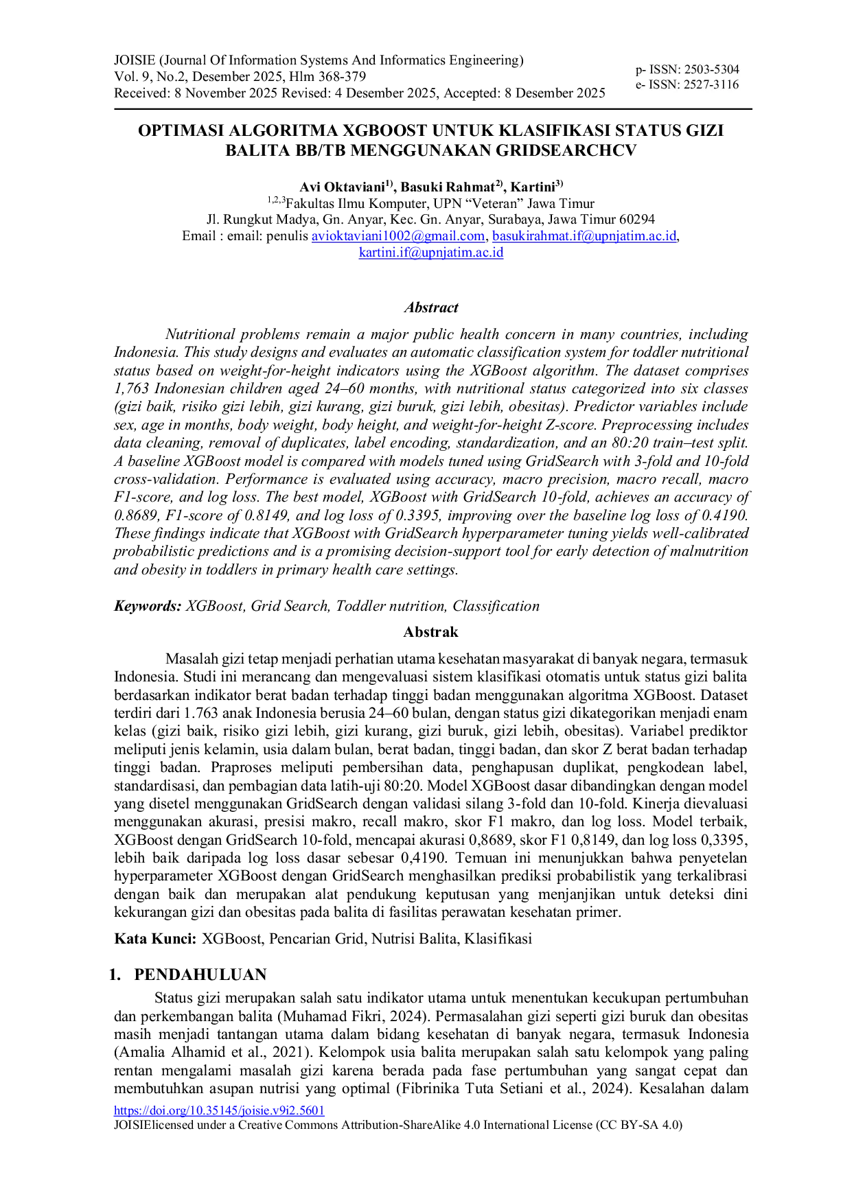JURIS Optimasi Algoritma XGBoost untuk Klasifikasi Status Gizi Balita BB TB Menggunakan GridSearchCV
