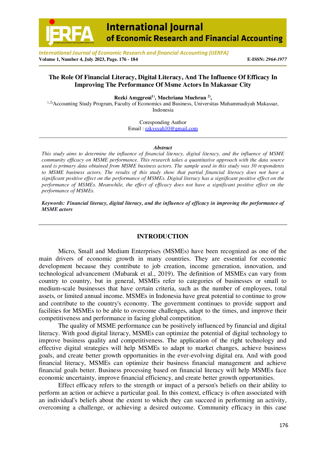JURIS The Role Of Financial Literacy Digital Literacy And The Influence Of Efficacy In Improving The Performance Of Msme Actors In Makassar City