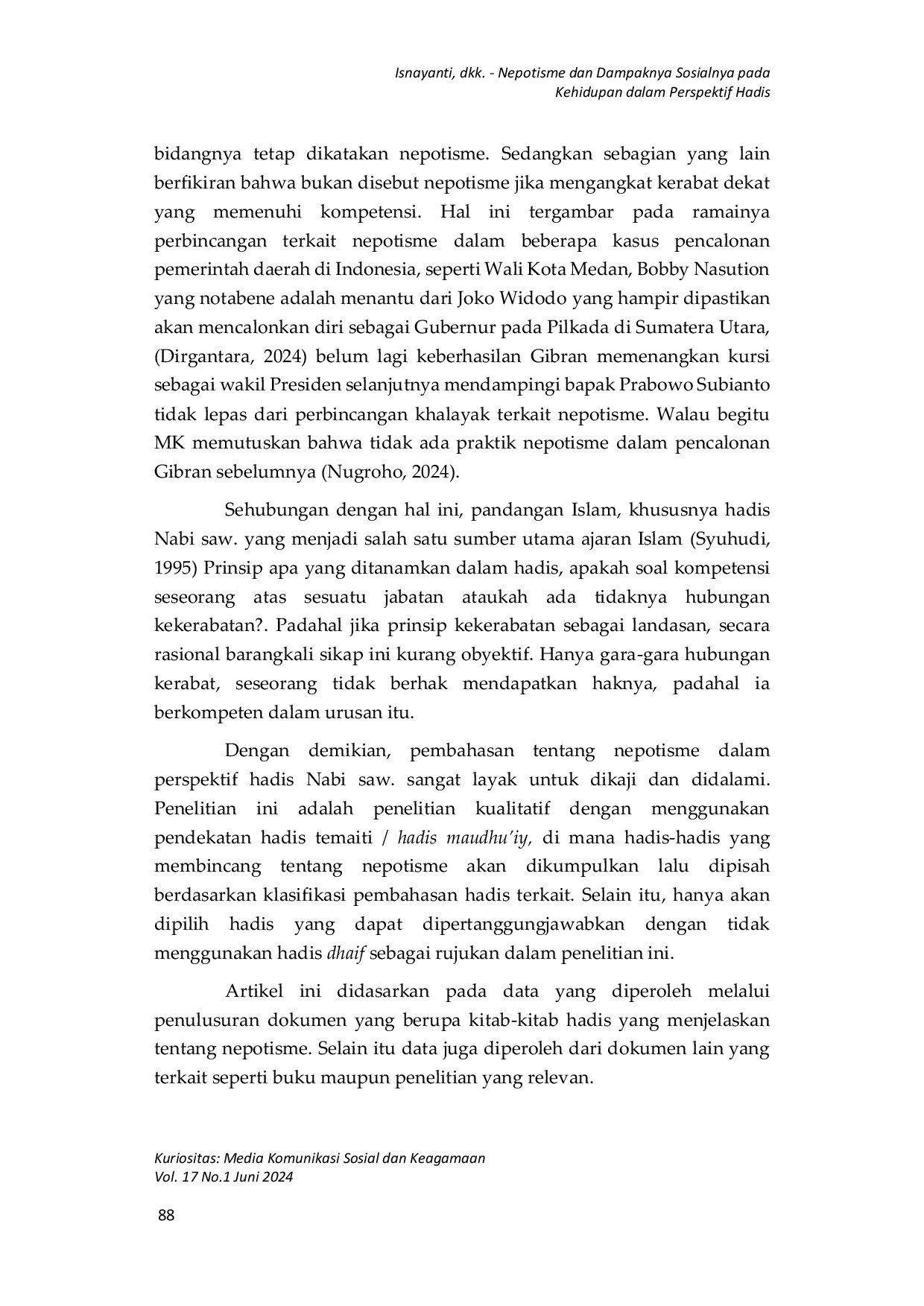 JURIS Nepotism and Its Social Impact on Life in Hadith Perspective