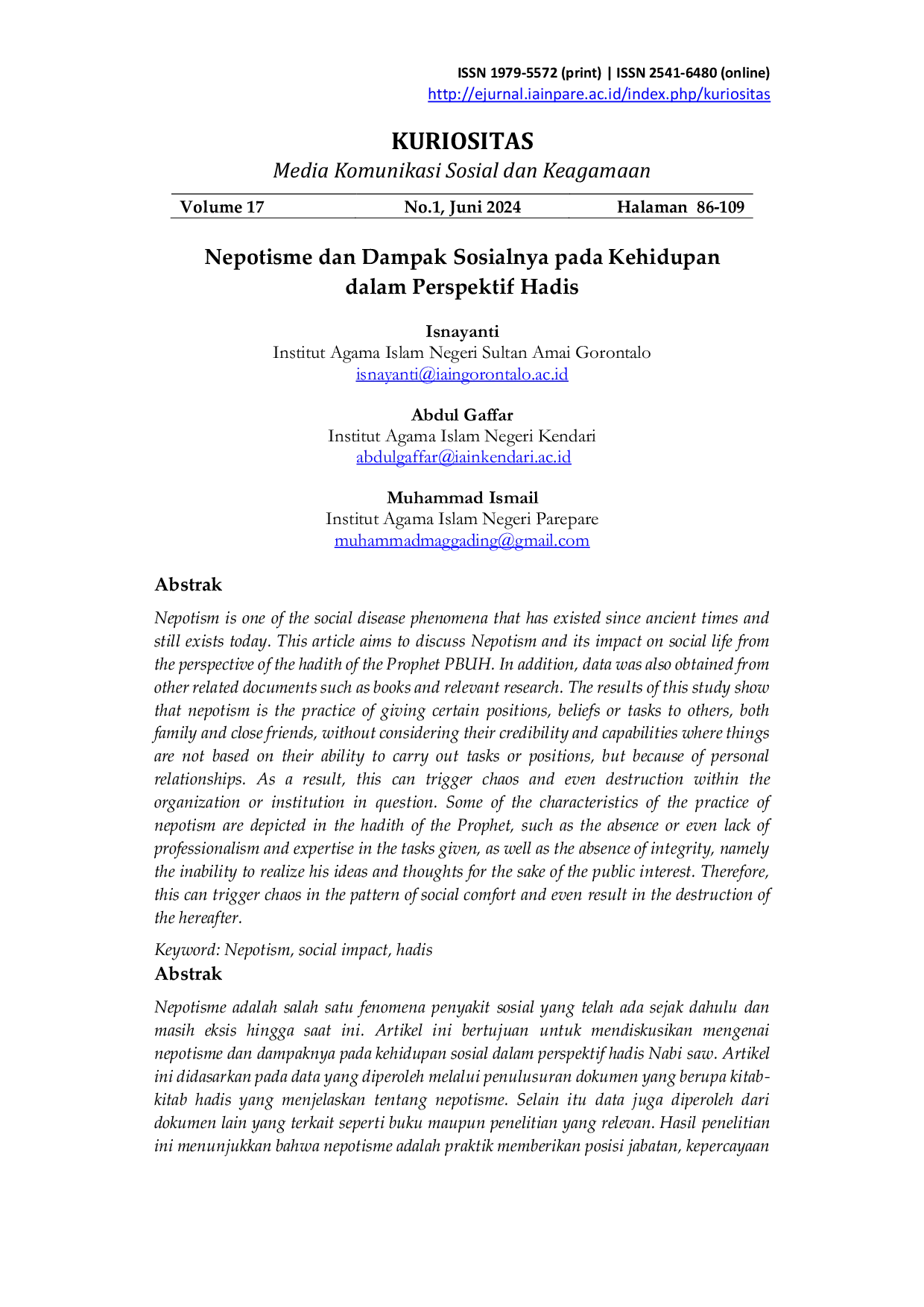JURIS Nepotism and Its Social Impact on Life in Hadith Perspective