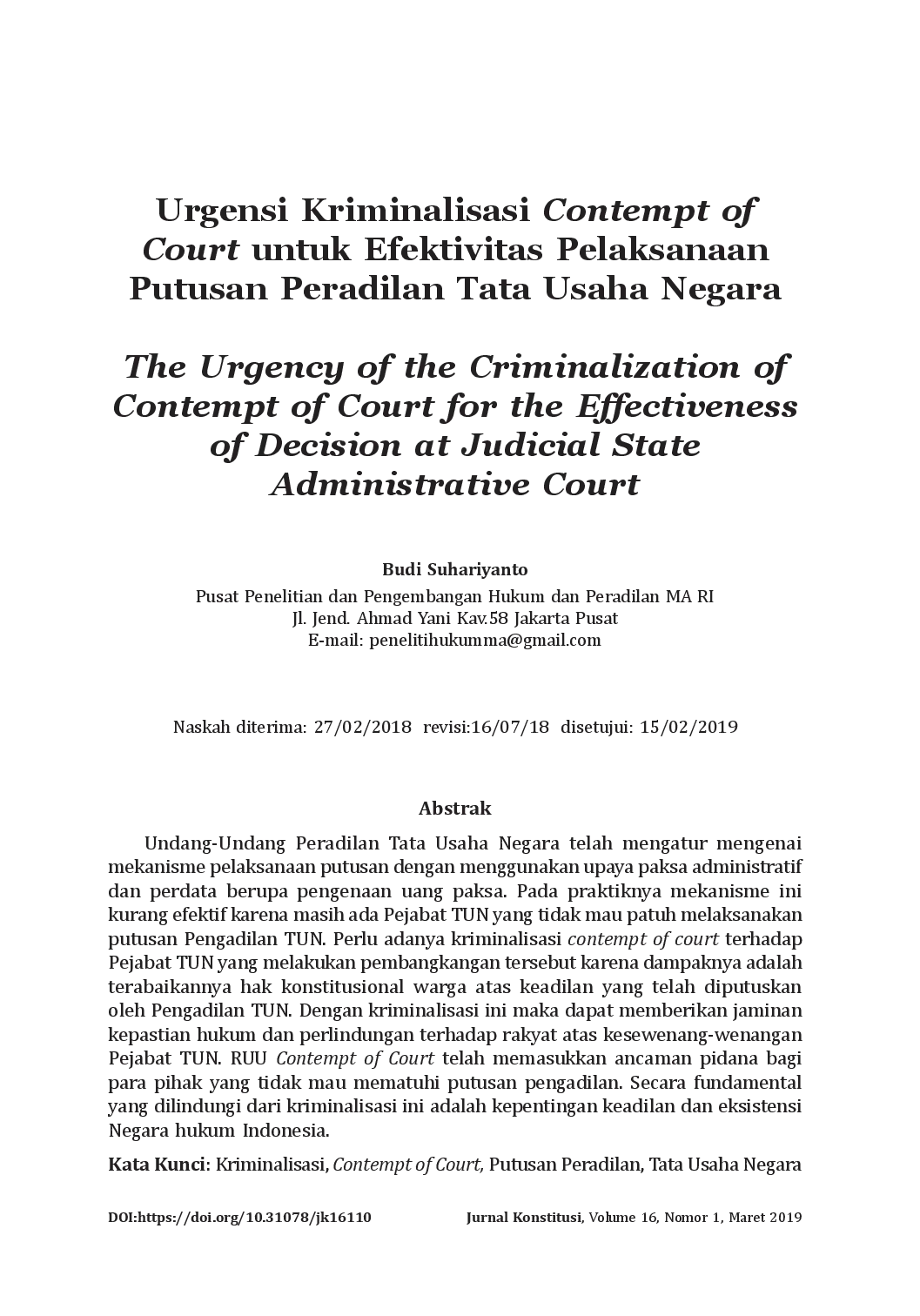 juris Urgensi Kriminalisasi Contempt of Court untuk Efektivitas Pelaksanaan Putusan Peradilan Tata Usaha Negara