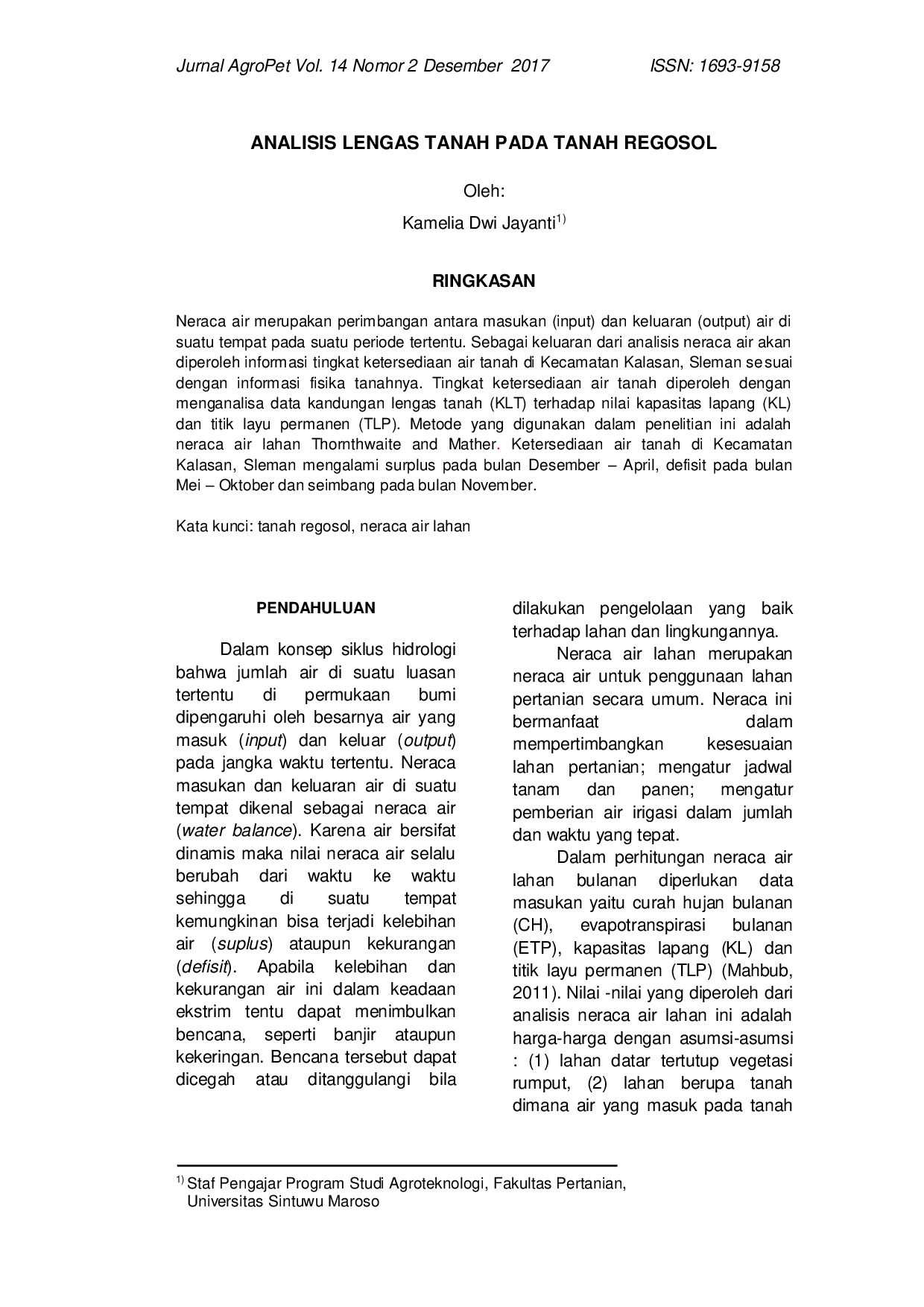 JURIS Analisis Lengas Tanah Pada Tanah Regosol