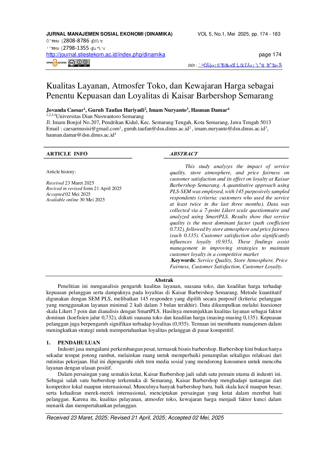 JURIS Kualitas Layanan Atmosfer Toko dan Kewajaran Harga sebagai Penentu Kepuasan dan Loyalitas di Kaisar Barbershop Semarang