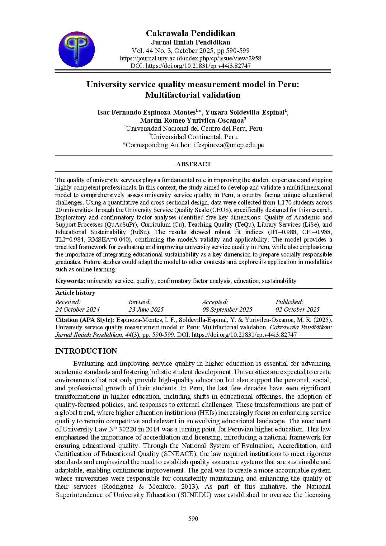 juris University service quality measurement model in Peru Multifactorial validation