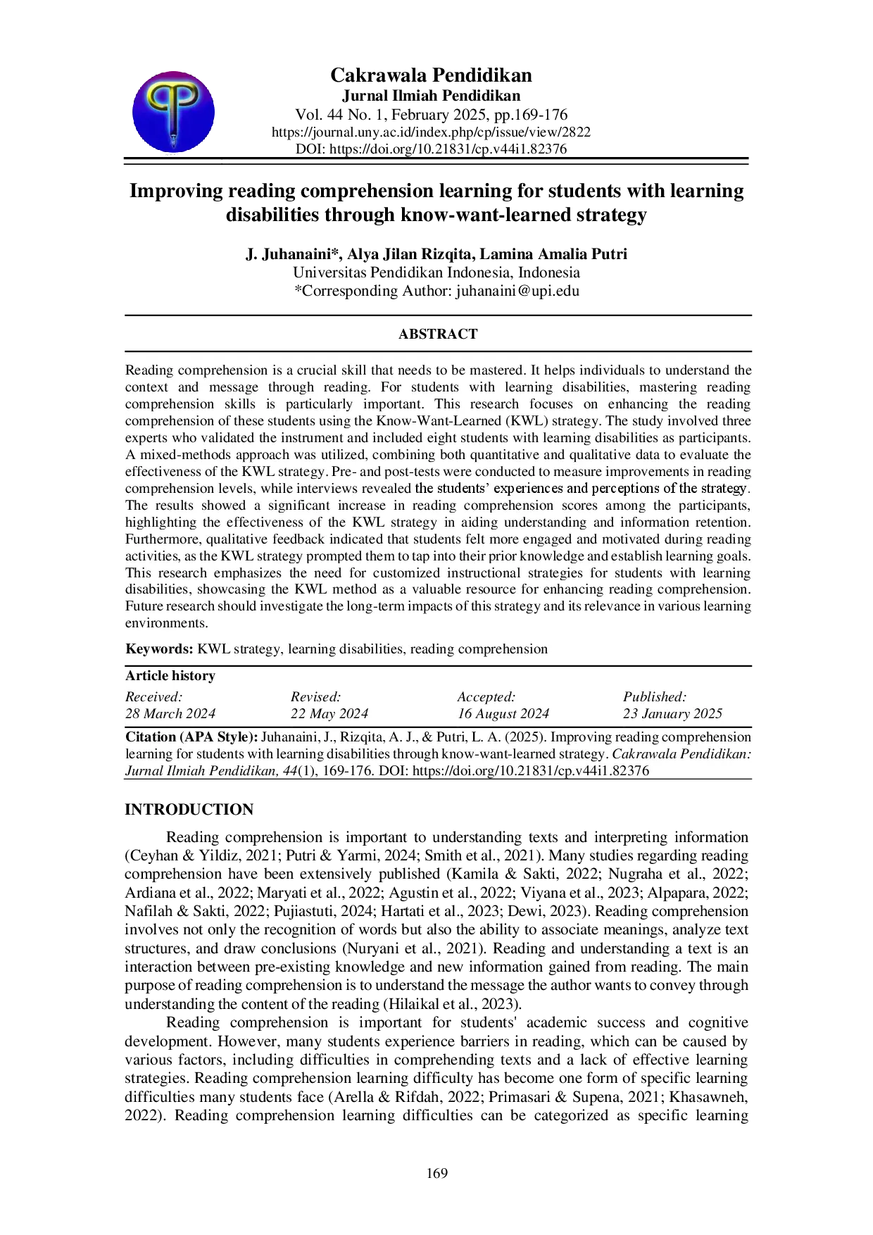 juris Improving reading comprehension learning for students with learning disabilities through know want learned strategy