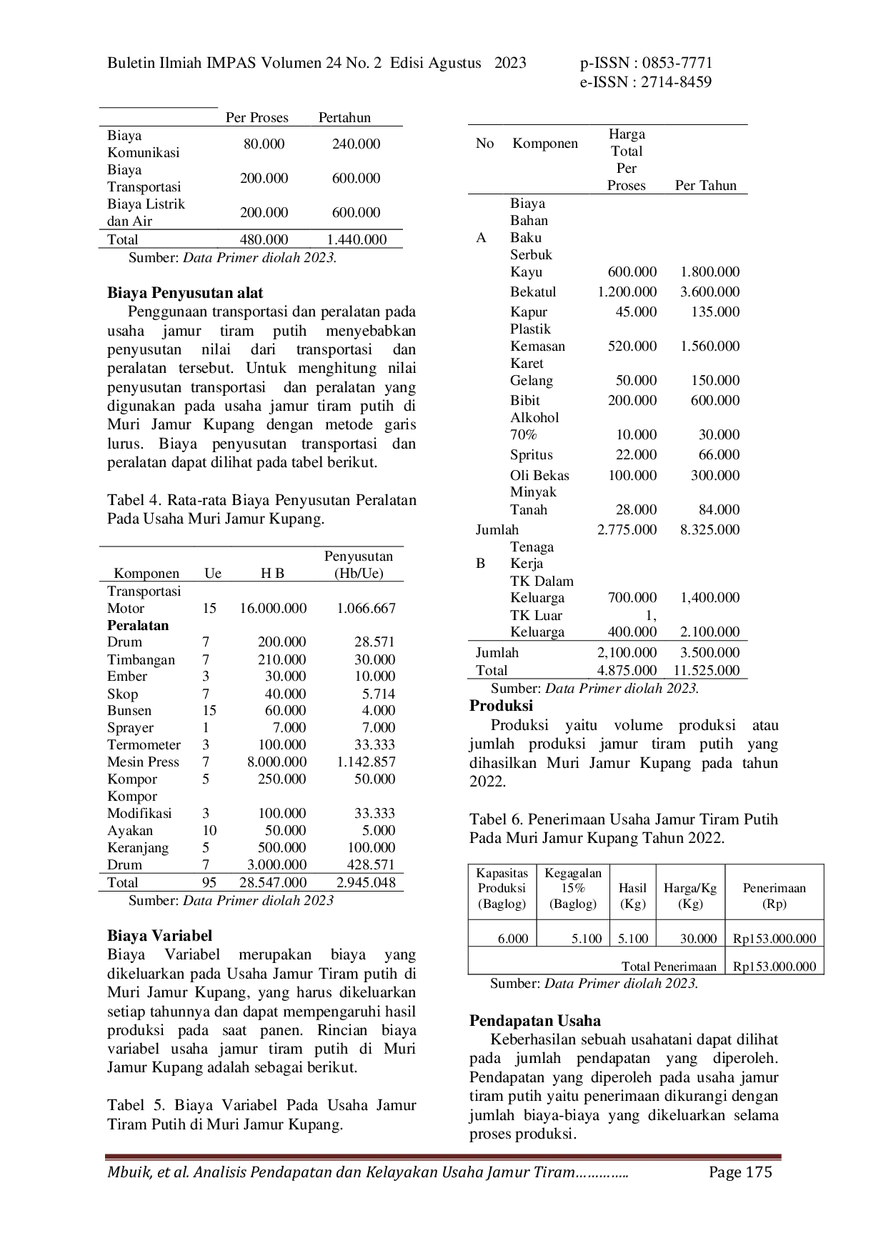 JURIS Analisis Pendapatan dan Kelayakan Usaha Jamur Tiram Putih di Muri Jamur Kupang Studi Kasus di Muri Jamur Desa Baumata Kecamatan Taebenu Kabupaten Kupang