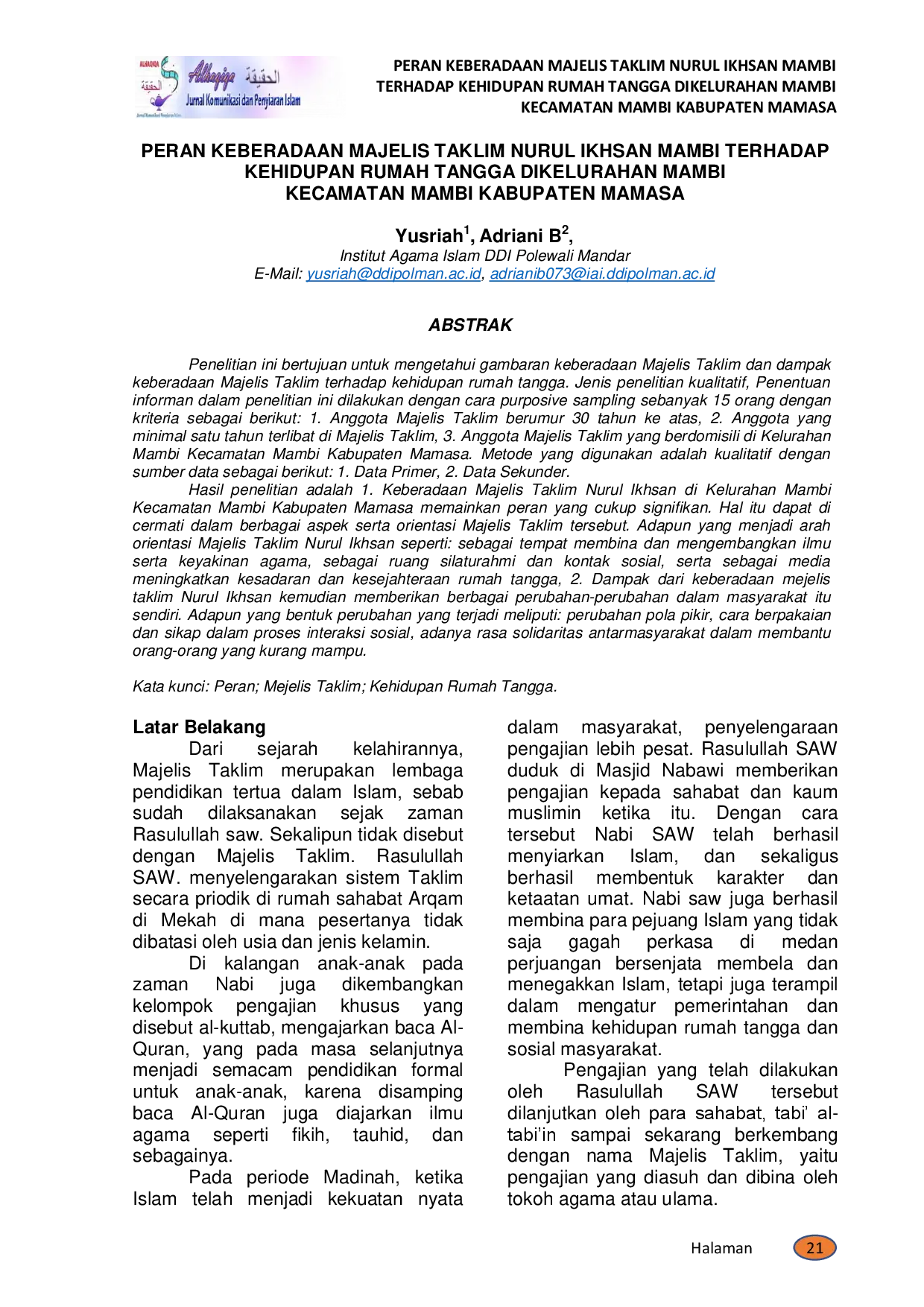 juris Peran Keberadaan Majelis Taklim Nurul Ikhsan Mambi Terhadap Kehidupan Rumah Tangga Di Kelurahan Mambi Kecamatan Mambi Kabupaten Mamasa