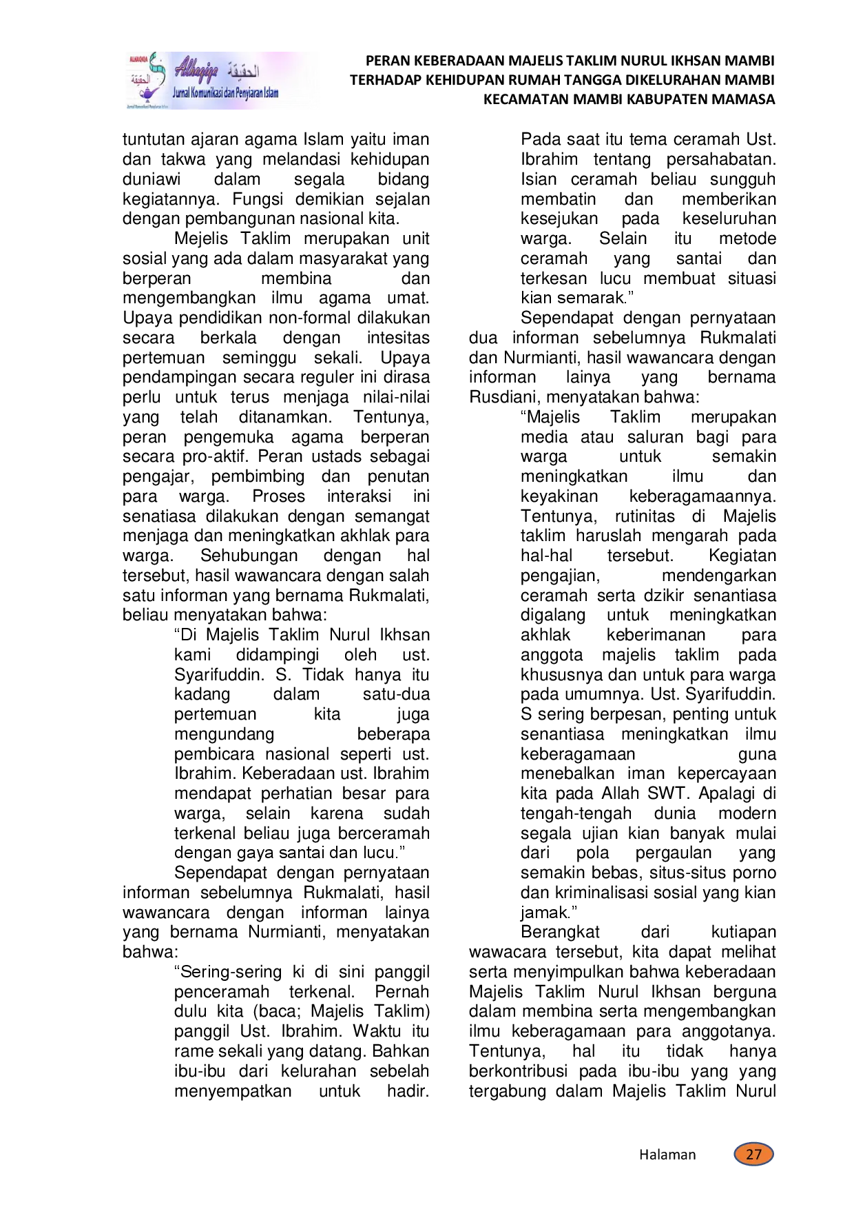 juris Peran Keberadaan Majelis Taklim Nurul Ikhsan Mambi Terhadap Kehidupan Rumah Tangga Di Kelurahan Mambi Kecamatan Mambi Kabupaten Mamasa