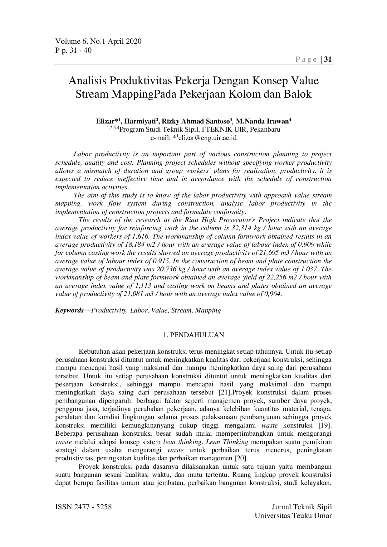 JURIS Analisis Produktivitas Pekerja Dengan Konsep Value Stream Mapping Pada Pekerjaan Kolom dan Balok