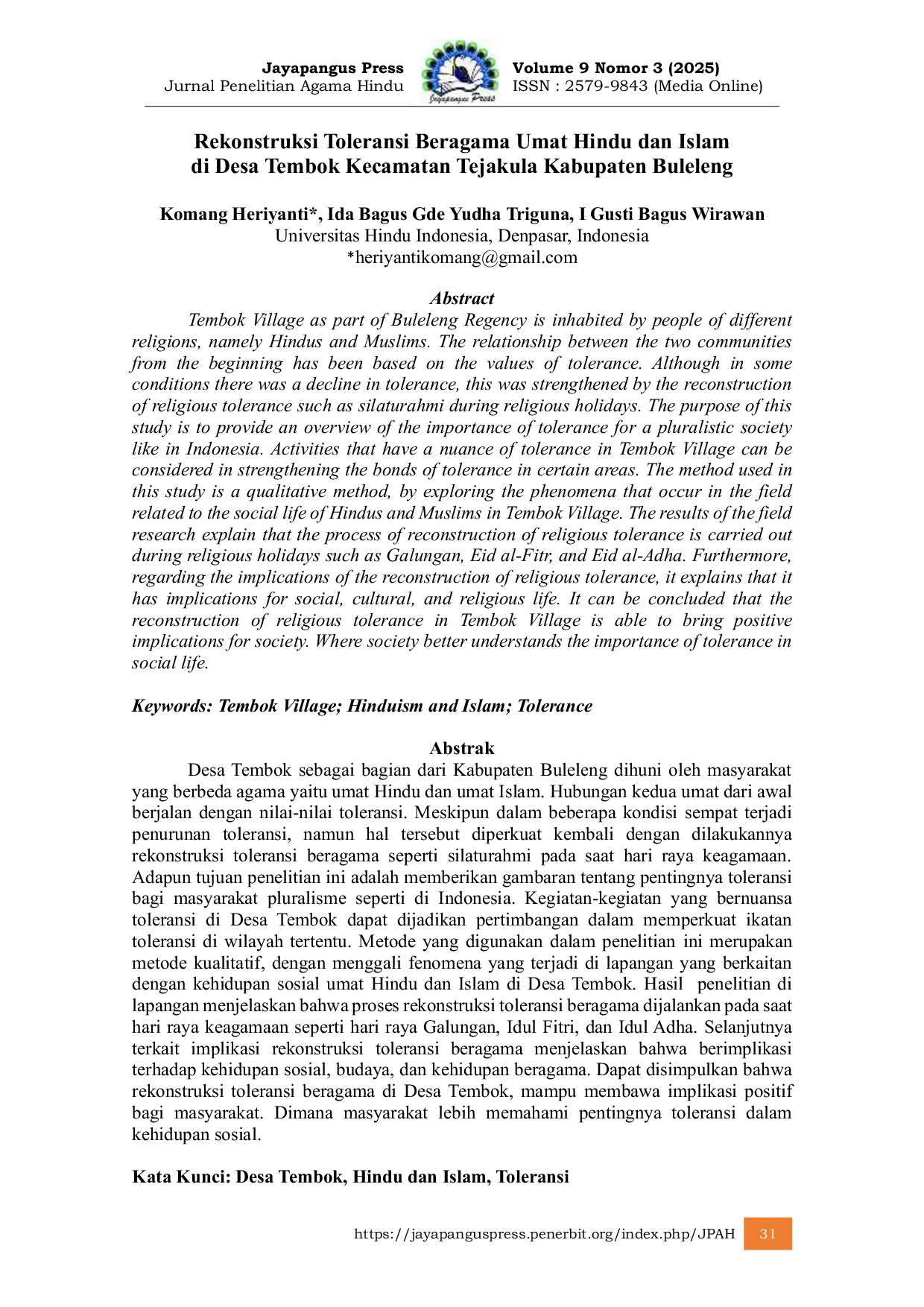 JURIS Rekonstruksi Toleransi Beragama Umat Hindu dan Islam di Desa Tembok Kecamatan Tejakula Kabupaten Buleleng