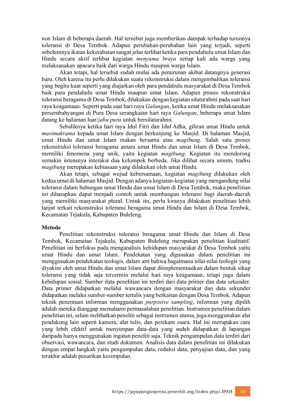 JURIS Rekonstruksi Toleransi Beragama Umat Hindu dan Islam di Desa Tembok Kecamatan Tejakula Kabupaten Buleleng