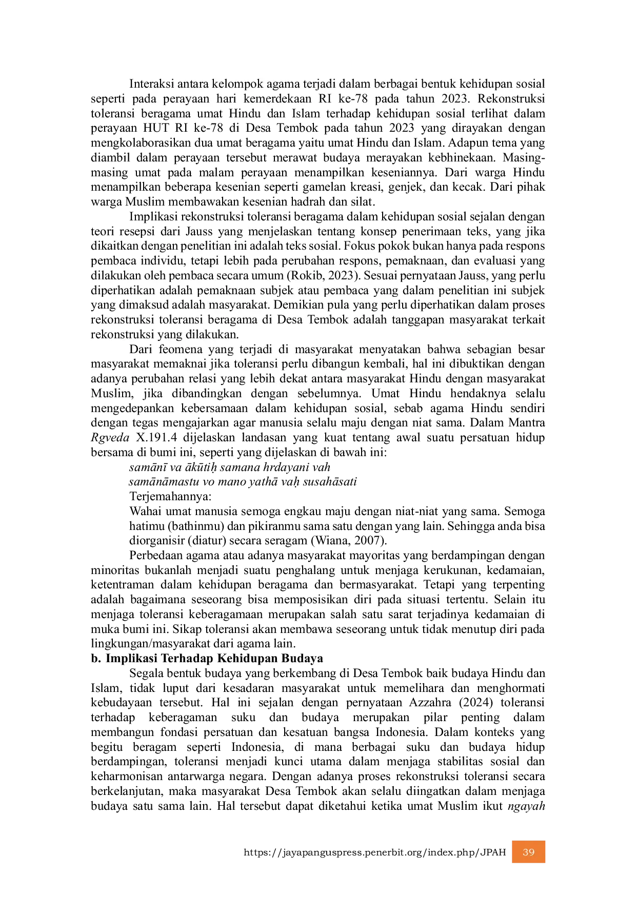 JURIS Rekonstruksi Toleransi Beragama Umat Hindu dan Islam di Desa Tembok Kecamatan Tejakula Kabupaten Buleleng