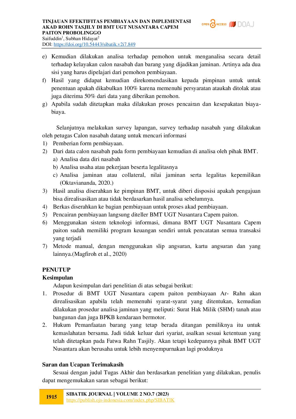 juris Tinjauan Efektifitas Pembiayaan Dan Implementasi Akad Rohn Tasjily Di Bmt Ugt Nusantara Capem Paiton Probolinggo