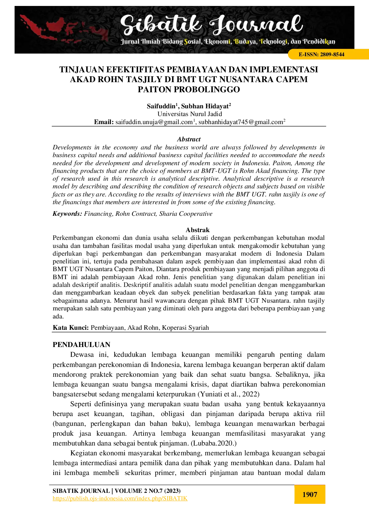juris Tinjauan Efektifitas Pembiayaan Dan Implementasi Akad Rohn Tasjily Di Bmt Ugt Nusantara Capem Paiton Probolinggo
