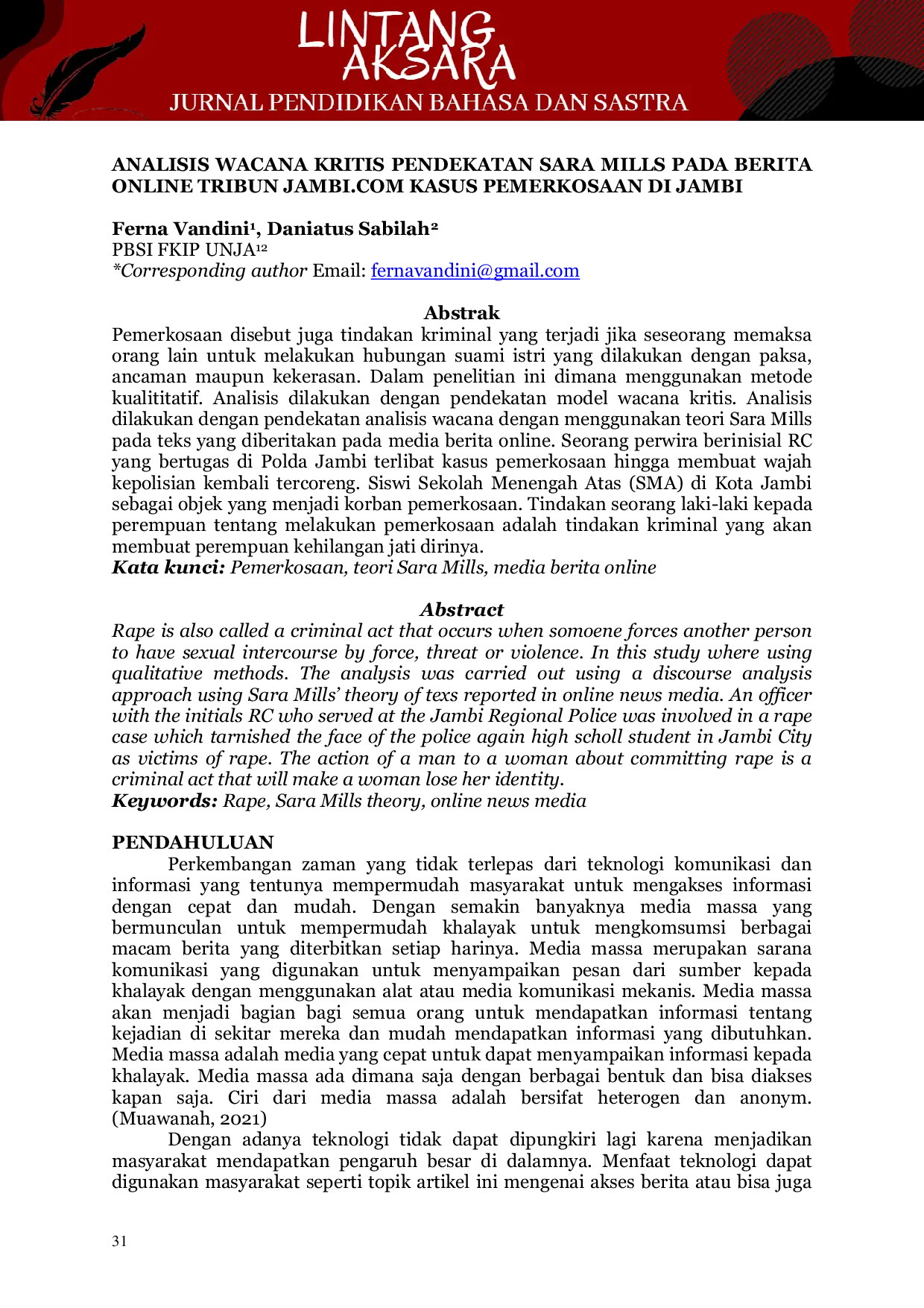 JURIS Analisis Wacana Kritis Pendekatan Sara Mills Pada Berita Online Tribun Jambi Com Kasus Pemerkosaan Di Jambi