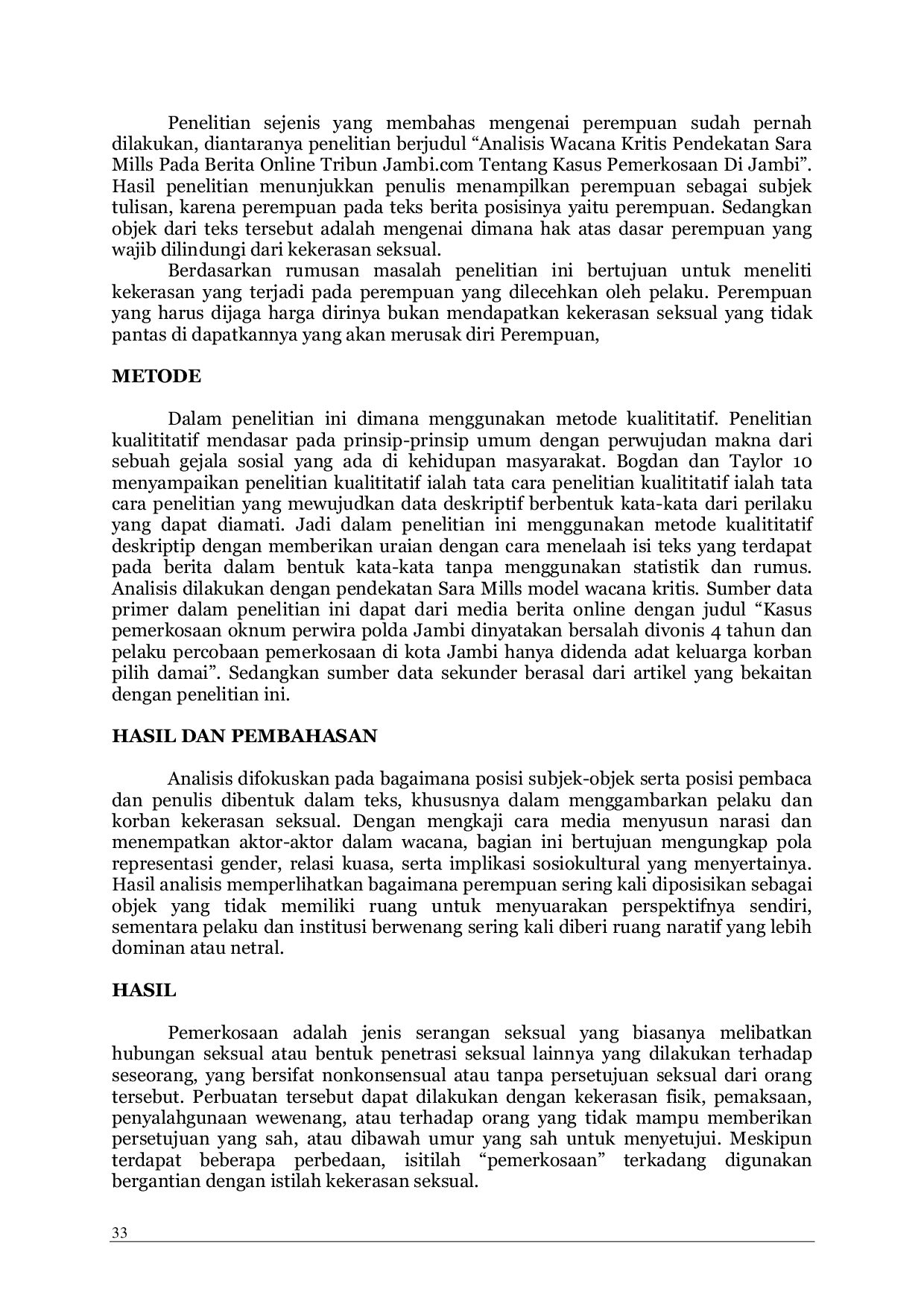 JURIS Analisis Wacana Kritis Pendekatan Sara Mills Pada Berita Online Tribun Jambi Com Kasus Pemerkosaan Di Jambi