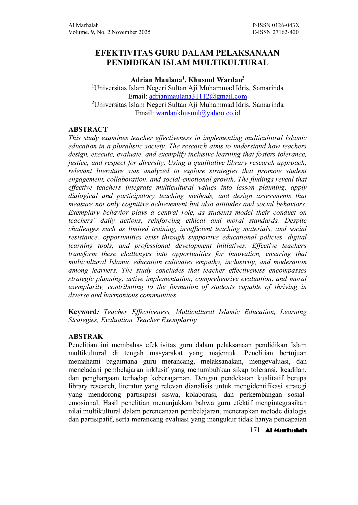 JURIS Efektivitas Guru Dalam Pelaksanaan Pendidikan Islam Multikultural