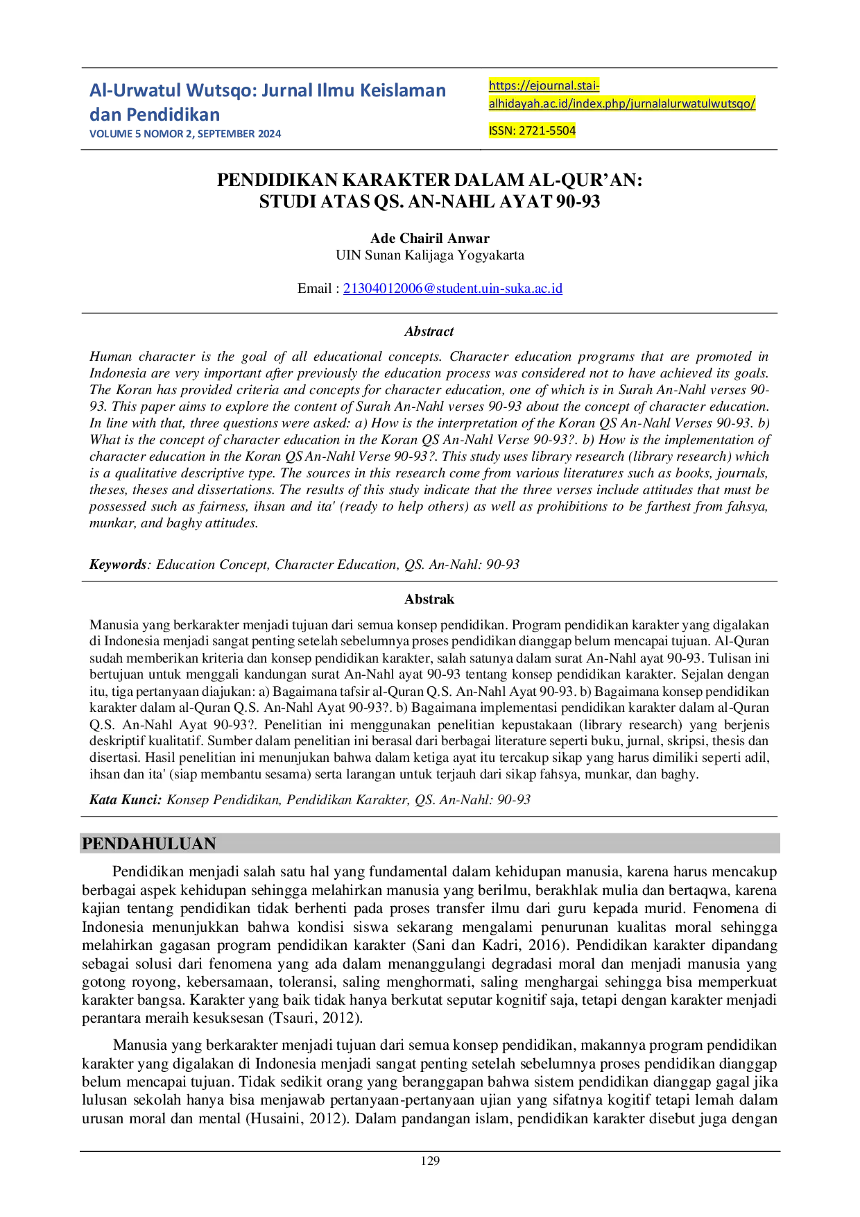 JURIS Pendidikan Karakter dalam Al Qur an Studi Atas QS An Nahl Ayat 90 93