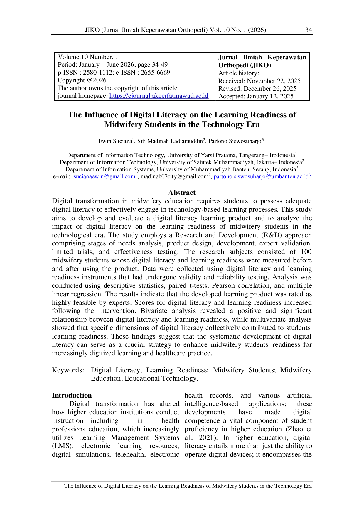 JURIS The Influence of Digital Literacy on the Learning Readiness of Midwifery Students in the Technology Era