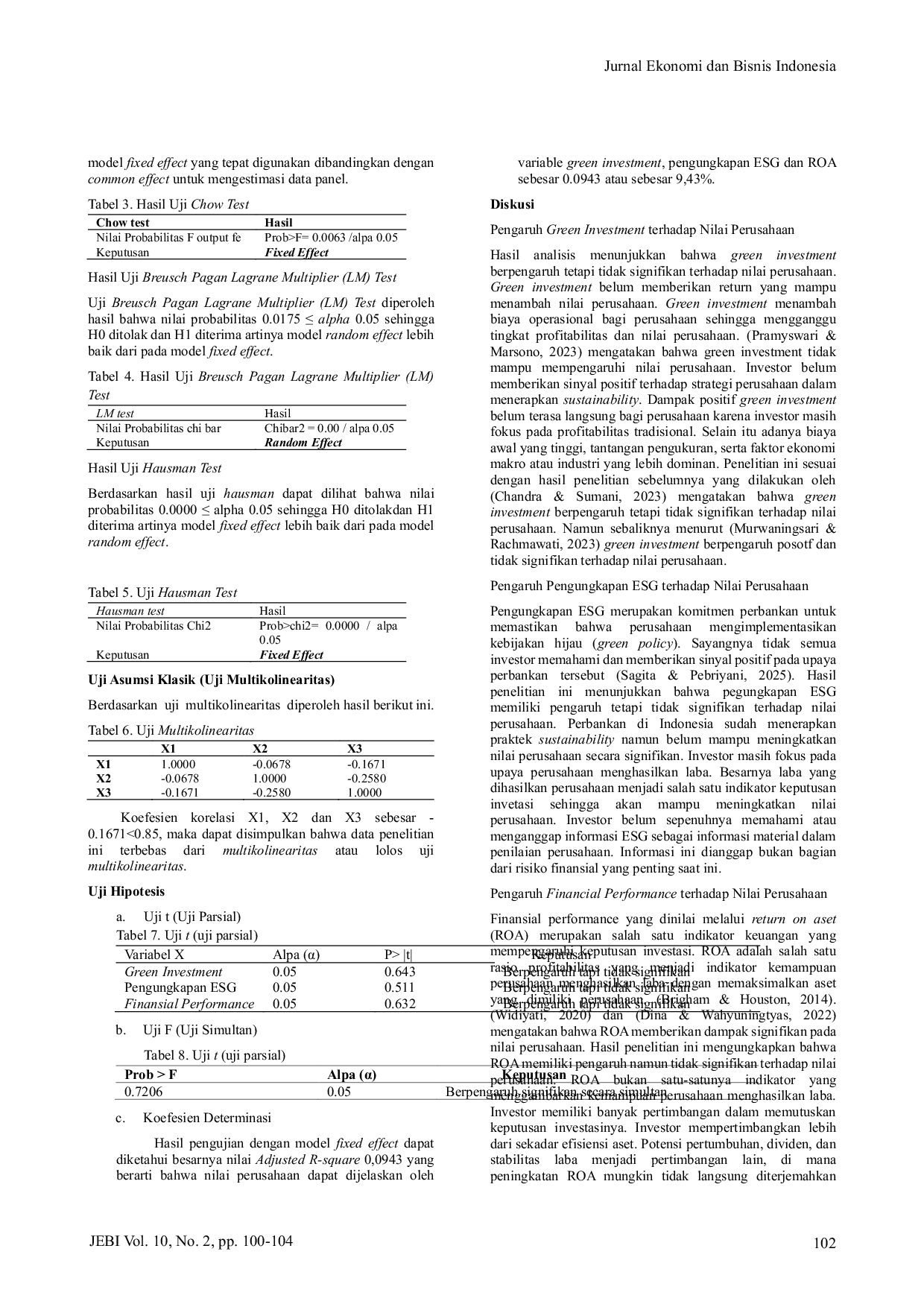 JURIS Dampak Green Investment Pengungkapan ESG Dan Financial Performance Terhadap Nilai Perusahaan Perbankan Di Indonesia