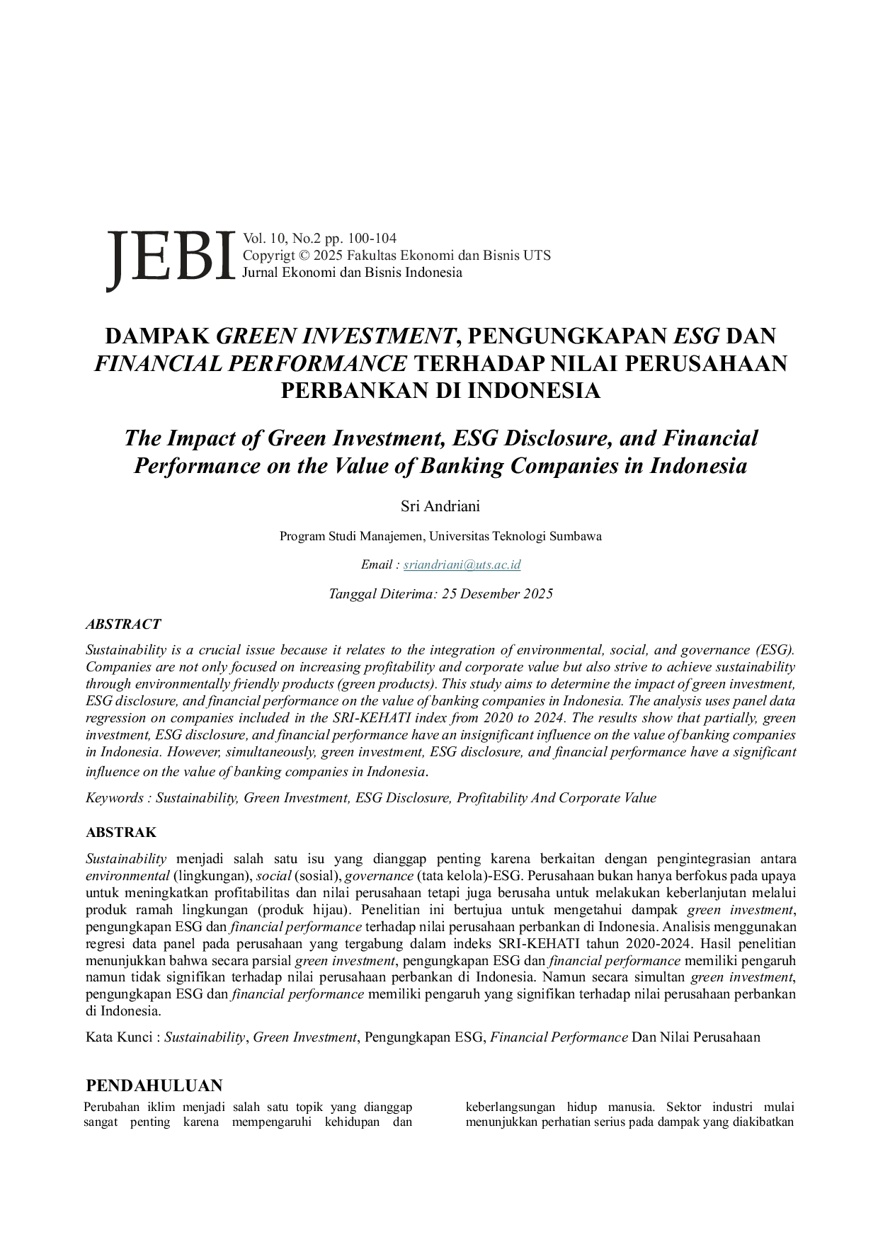 JURIS Dampak Green Investment Pengungkapan ESG Dan Financial Performance Terhadap Nilai Perusahaan Perbankan Di Indonesia